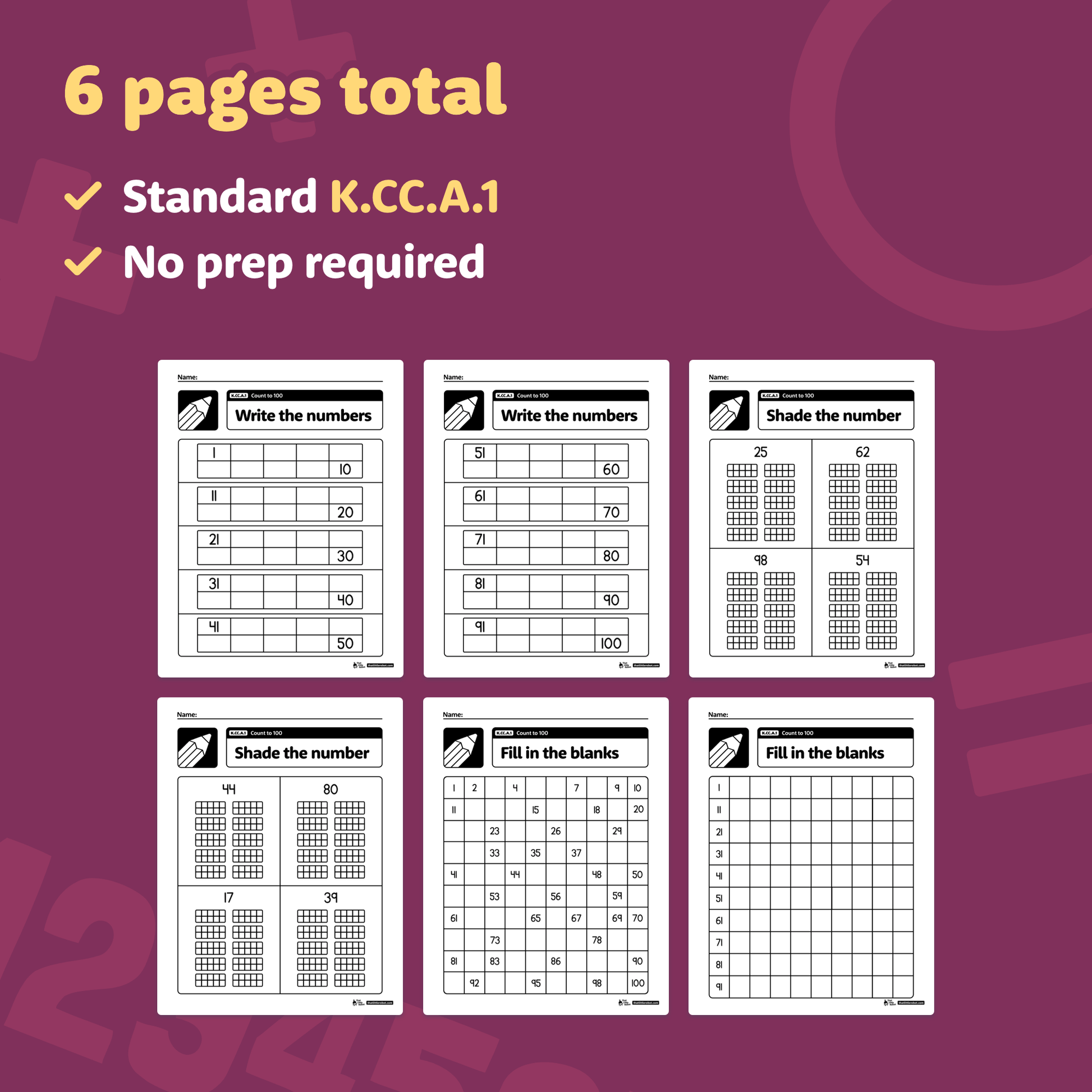 Six pages with number counting and shading activities.