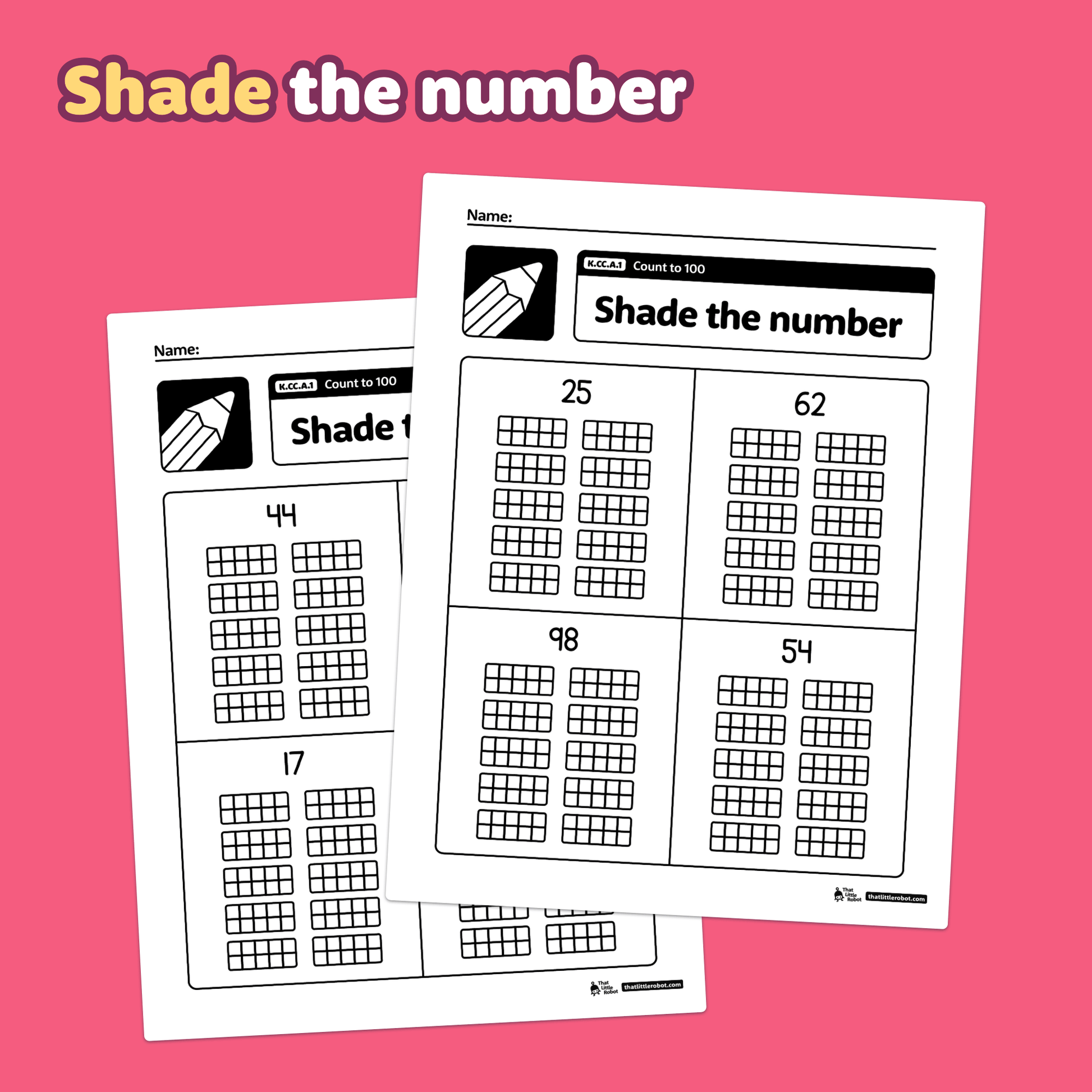 Two math worksheets with number grids for counting to 100.