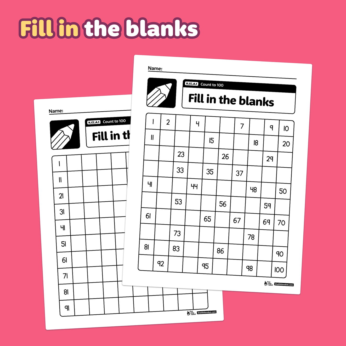 Two count to 100 worksheets titled "Fill in the Blanks.