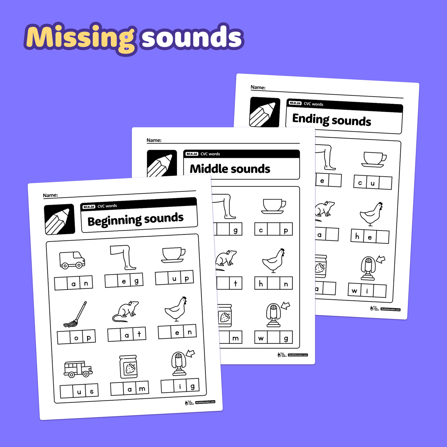 Worksheets with CVC words and blank spaces for missing sounds, plus images.