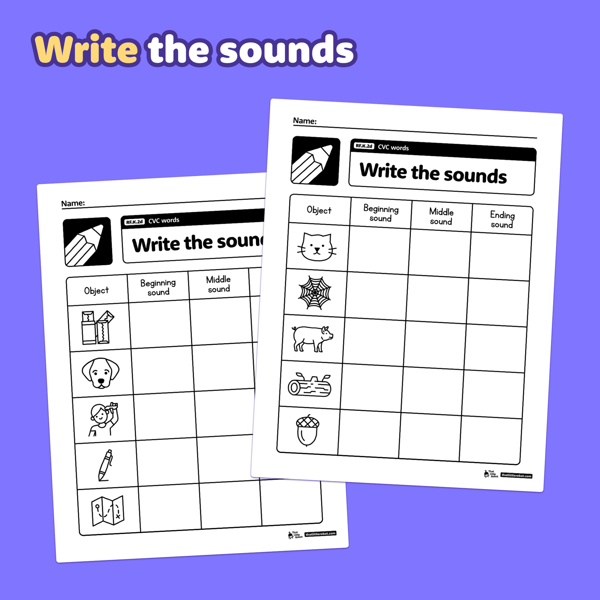 Two worksheets with CVC word exercises, picture prompts, and sound columns.