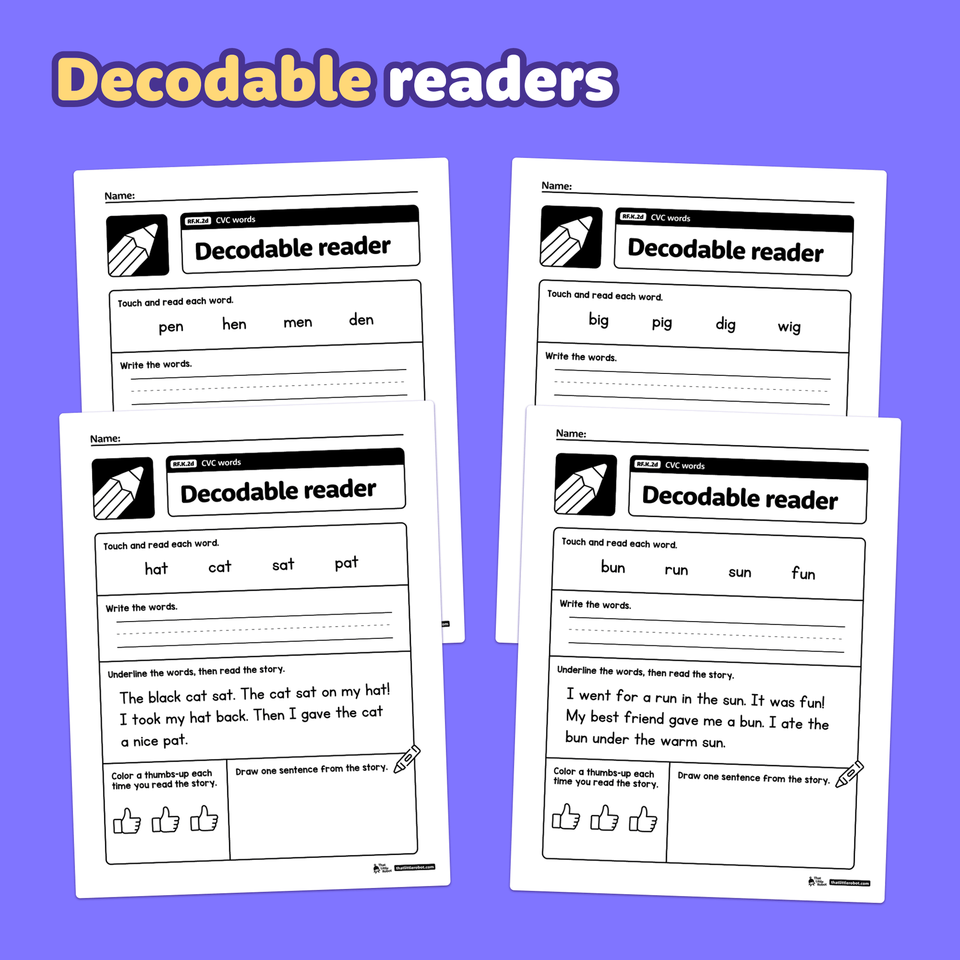 Printable PDF showing kindergarten CVC words worksheets and the code RF.K.2d.