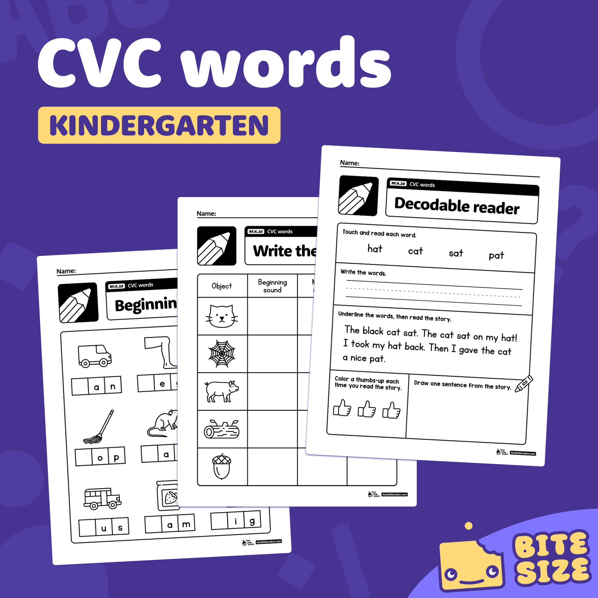 Printable PDF worksheets for kindergarten CVC word practice and activities.