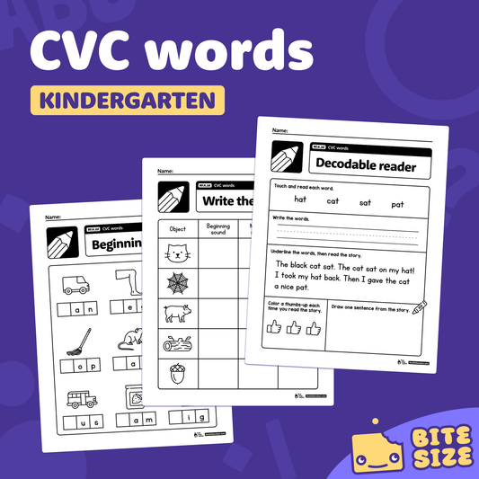 Printable PDF worksheets for kindergarten CVC word practice and activities.