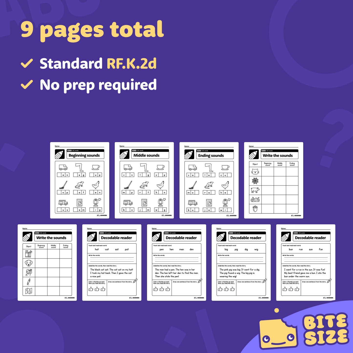 Preview of nine worksheet pages with CVC word activities and icons.