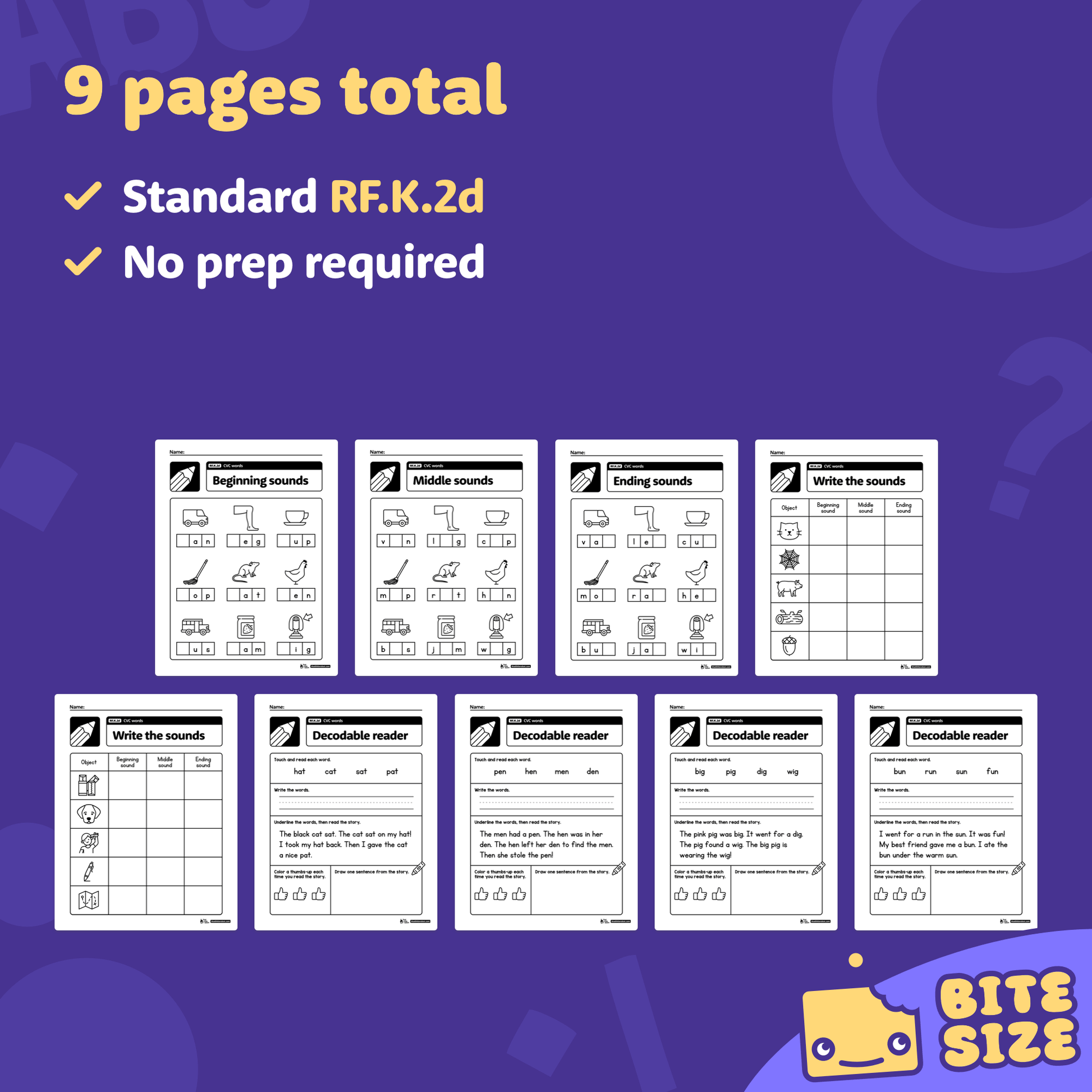 Preview of nine worksheet pages with CVC word activities and icons.
