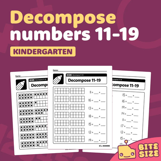 Worksheets showing number decomposition for numbers 11-19 with images.