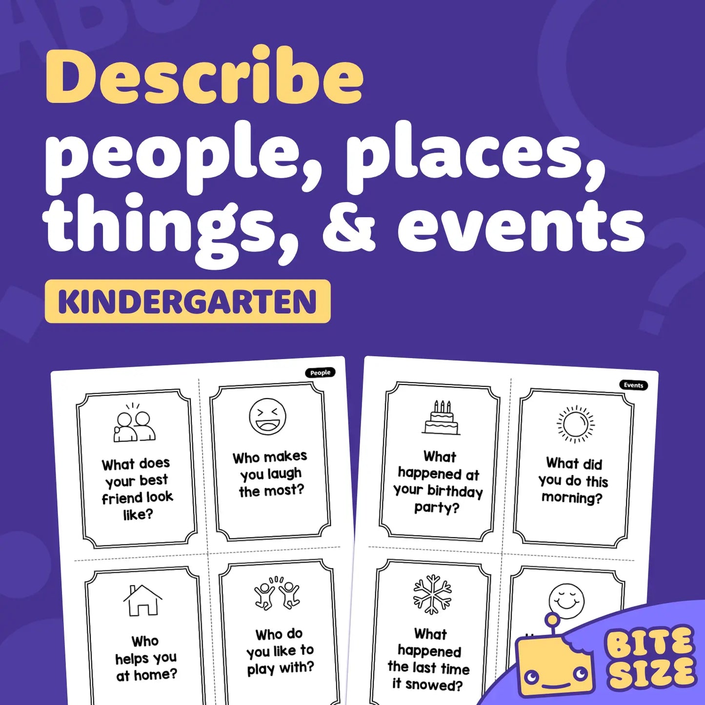 Printable cards display prompts about people, places, things, and events.