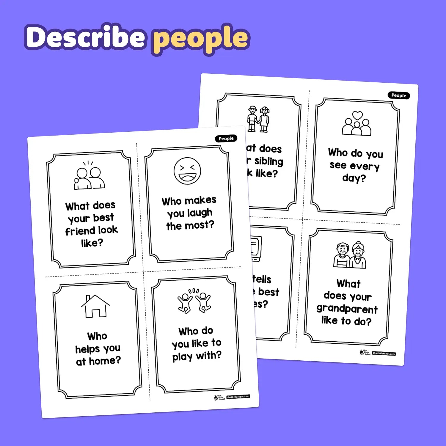 Six illustrated flashcards showing people, places, and things for kids.