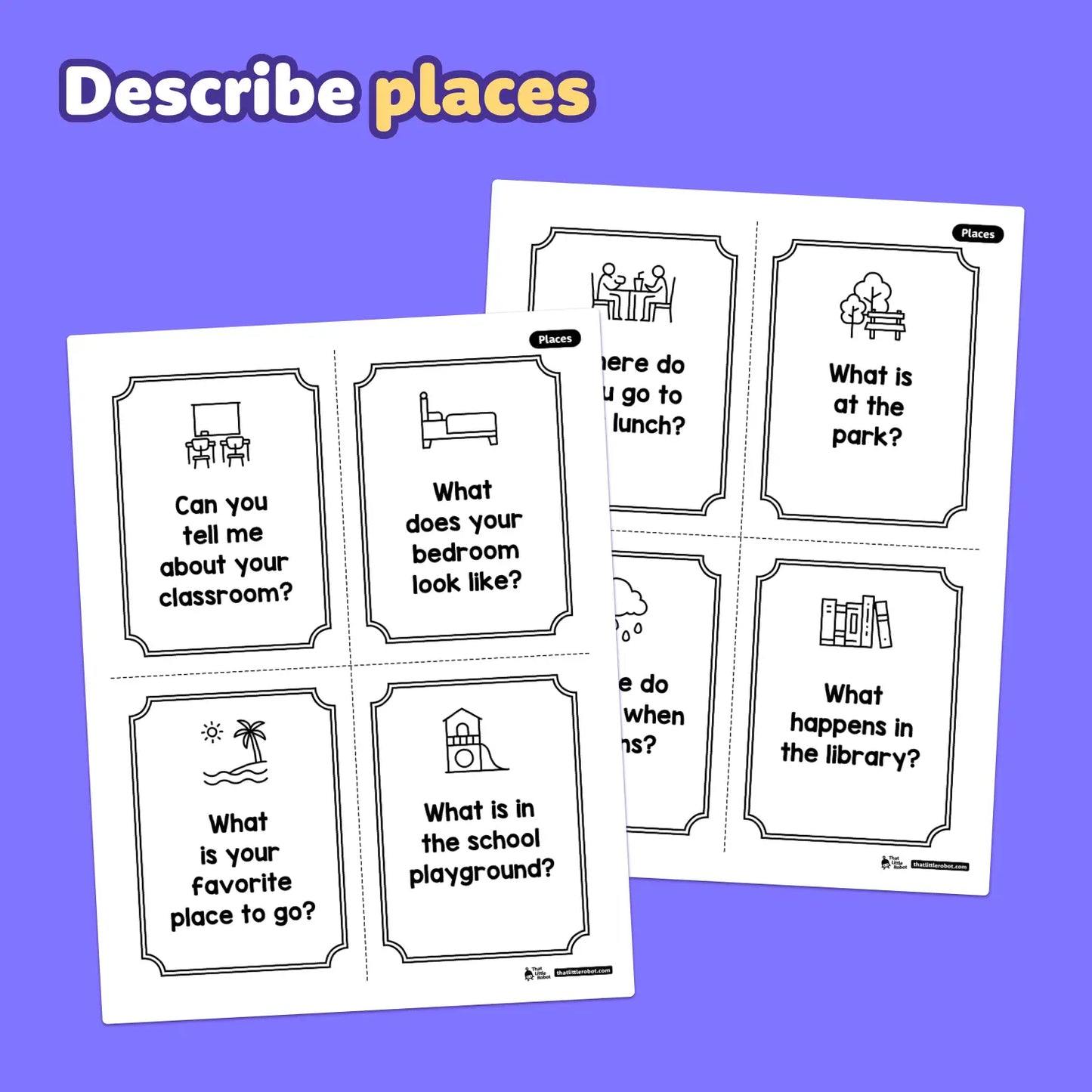 Cards with questions about people, places, things, and events for kindergarten.