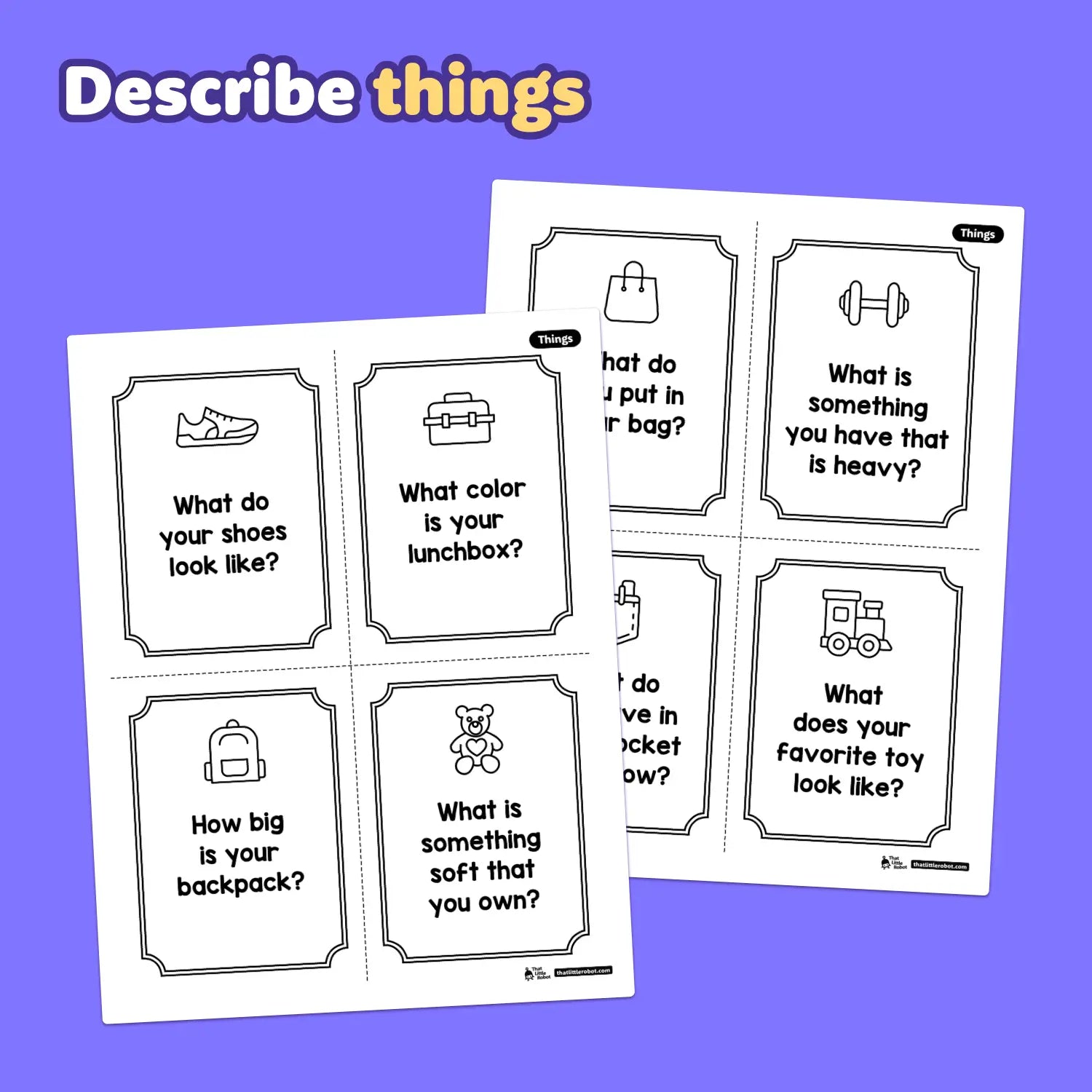 Printable cards show people, places, things, and events for kindergarten use.