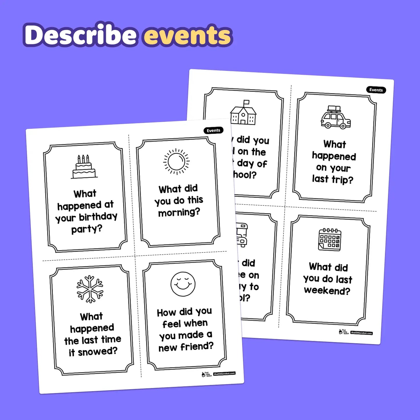 Printable kindergarten card game cards with prompts about events, people, places.