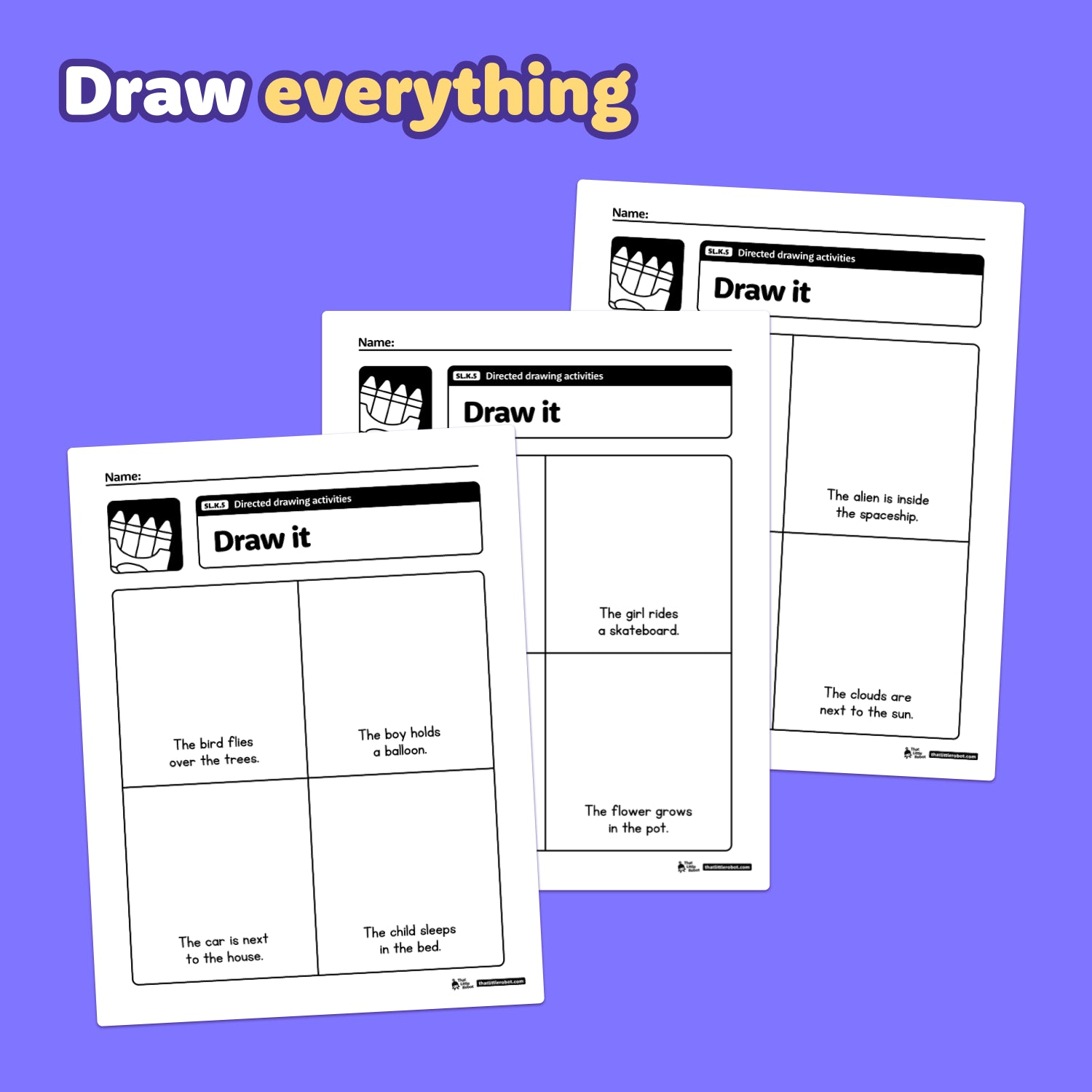 Three kindergarten directed drawing worksheets are displayed side by side.