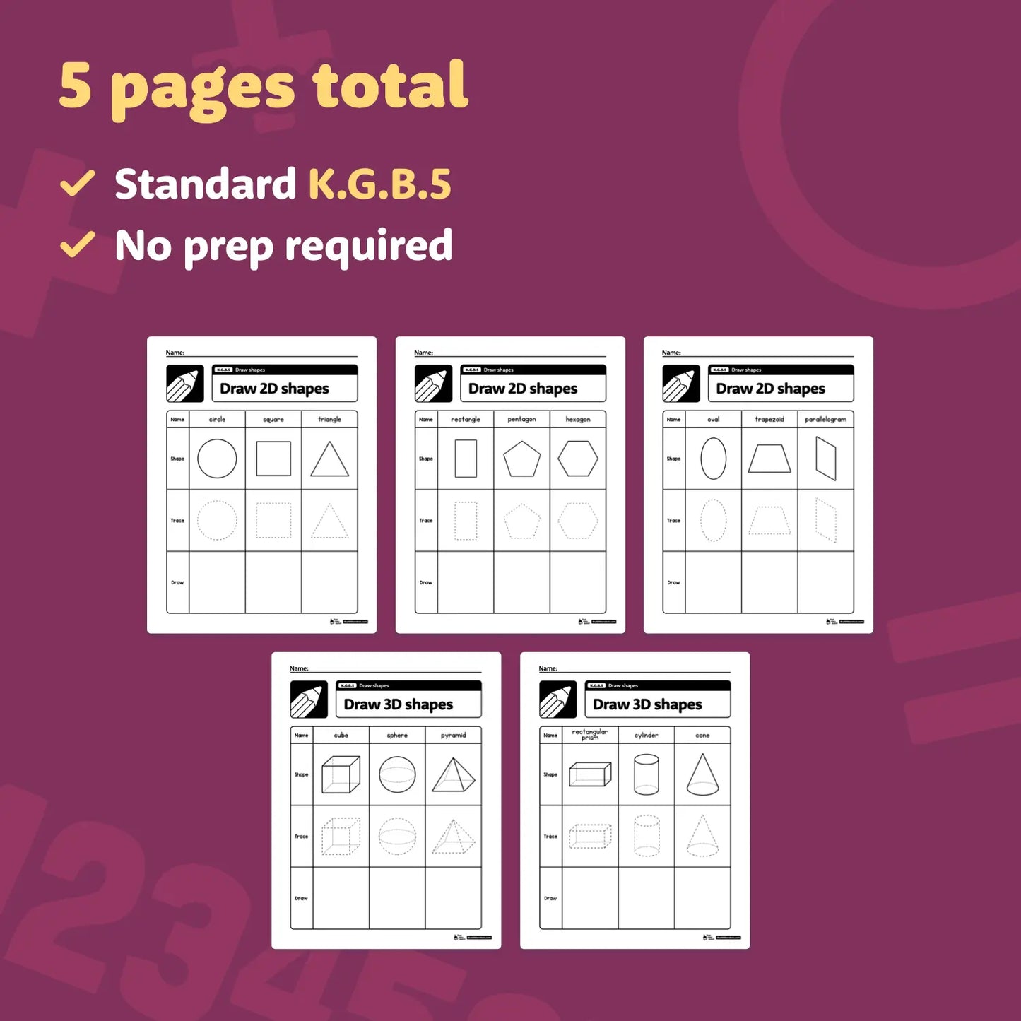 Five pages of worksheets for drawing 2D and 3D shapes.