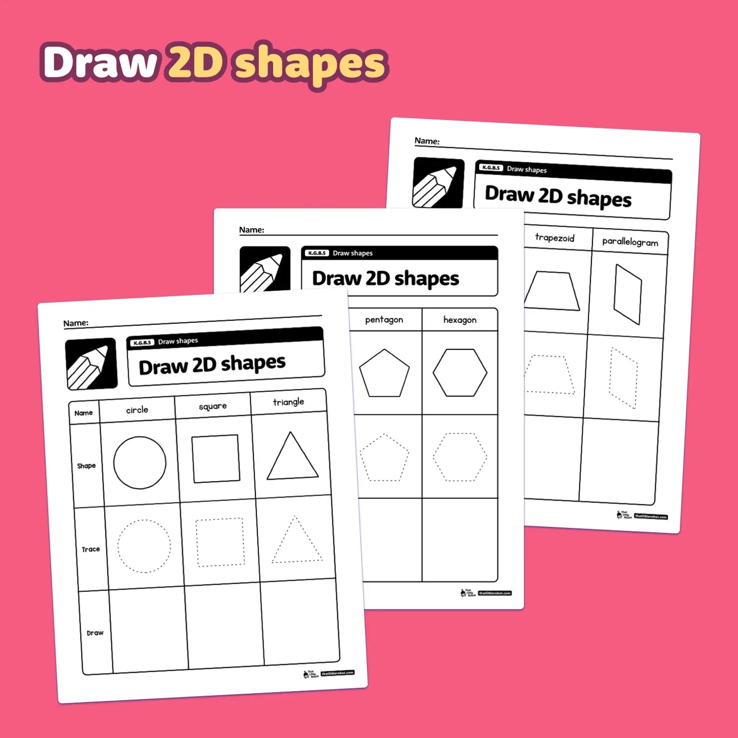 Pages showing worksheets for drawing 2D shapes.