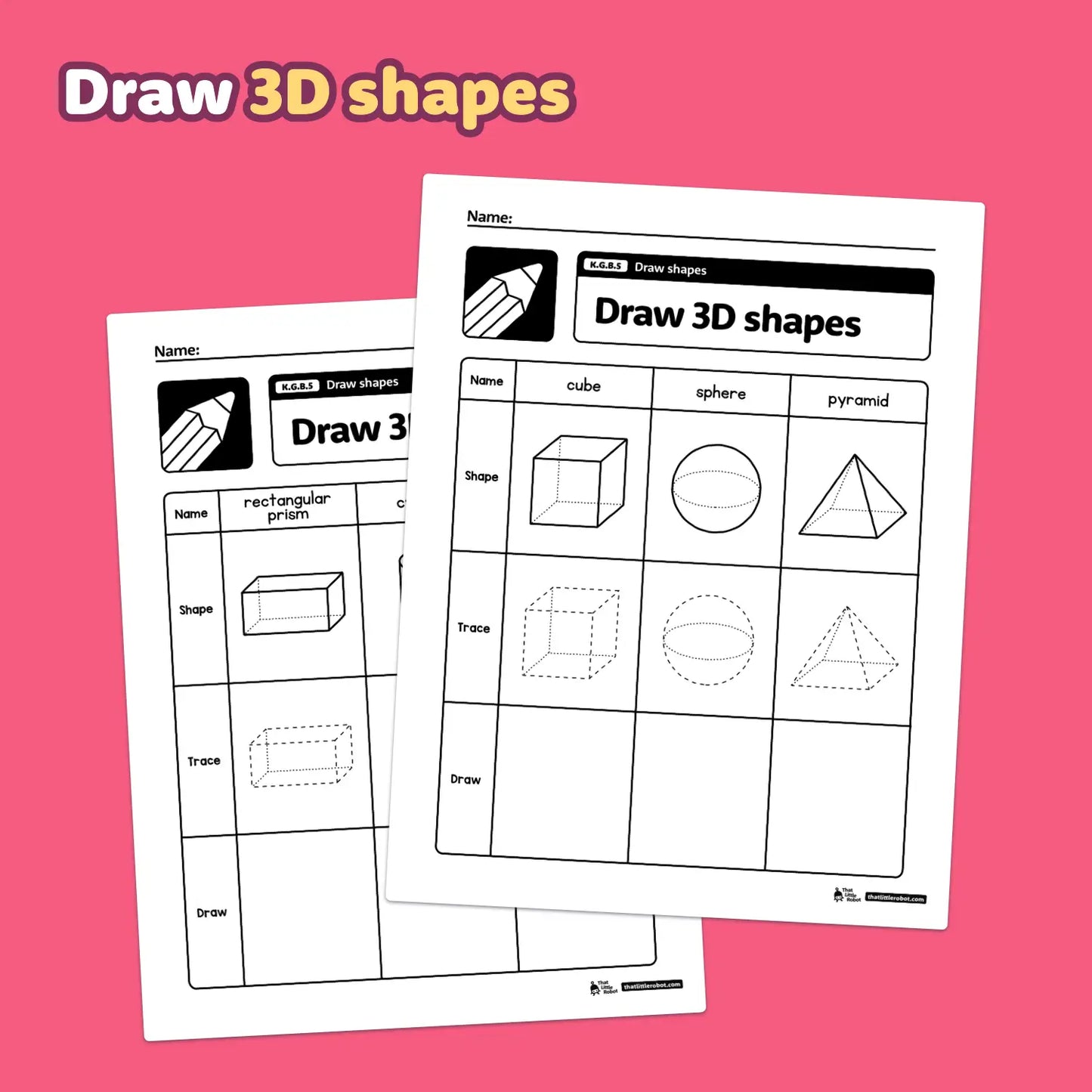 Draw shapes worksheets for kindergarten, focusing on 3D shapes.