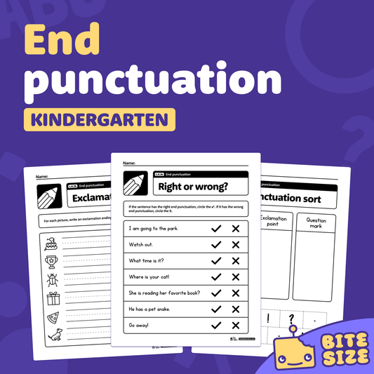 PDF with kindergarten worksheets focused on end punctuation marks.
