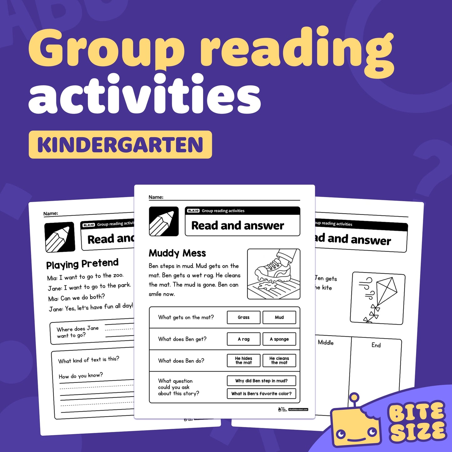 Three group reading activity worksheets for kindergarten labeled RL.K.10.