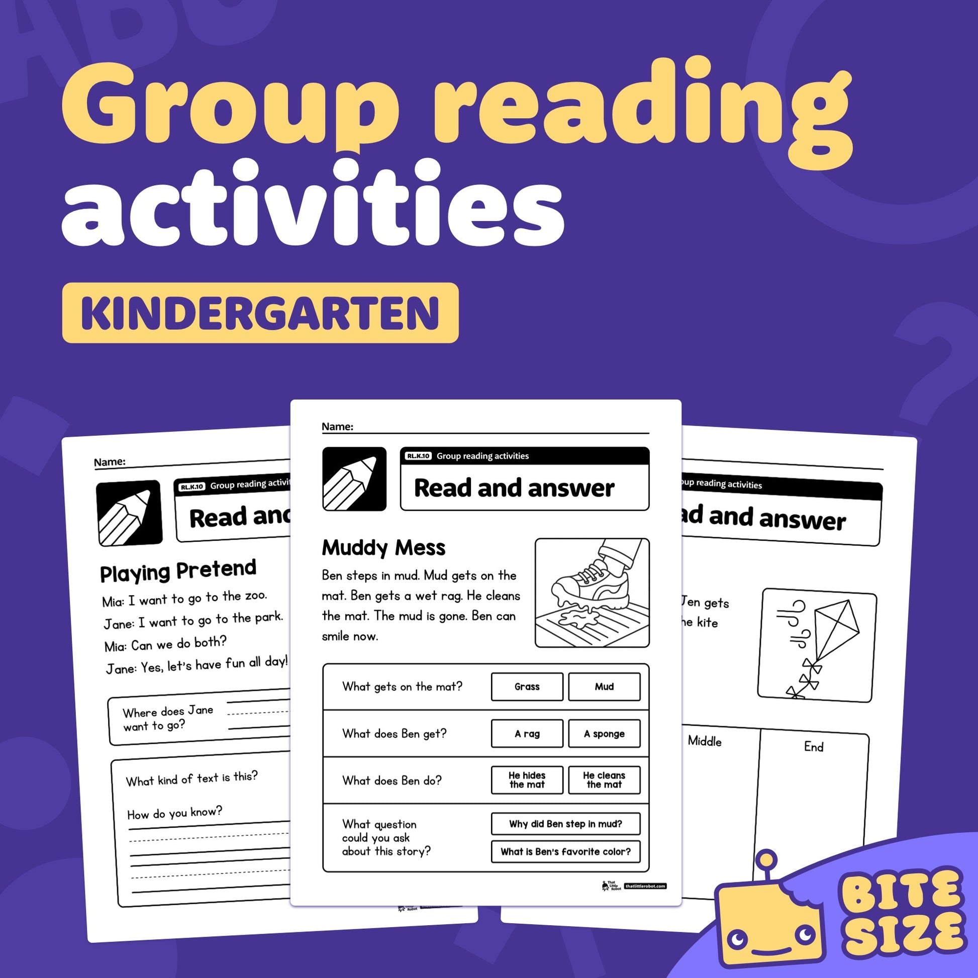 Three group reading activity worksheets for kindergarten labeled RL.K.10.