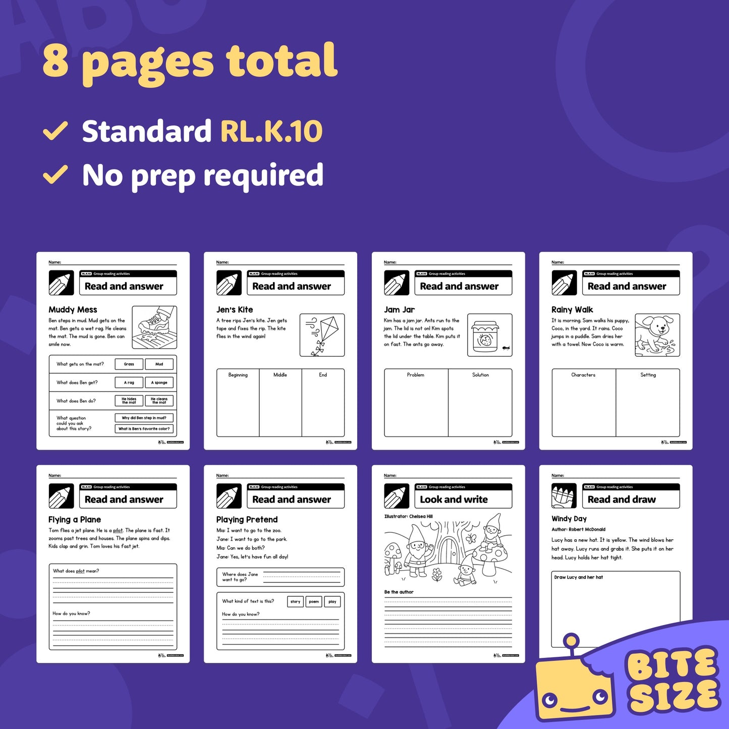 Eight kindergarten group reading activity worksheets with RL.K.10 labels.