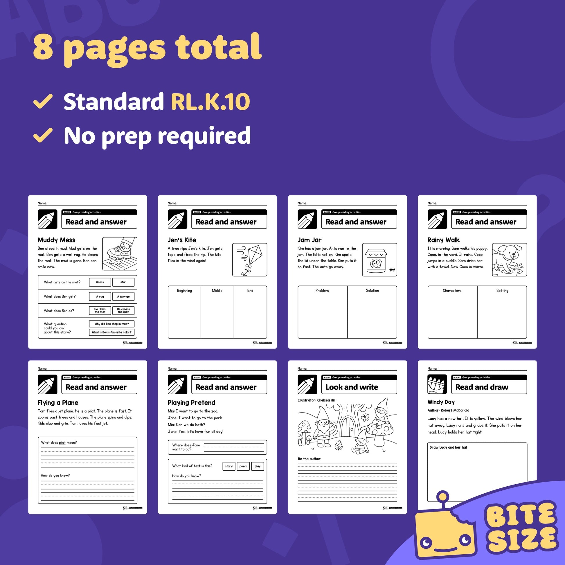 Eight kindergarten group reading activity worksheets with RL.K.10 labels.
