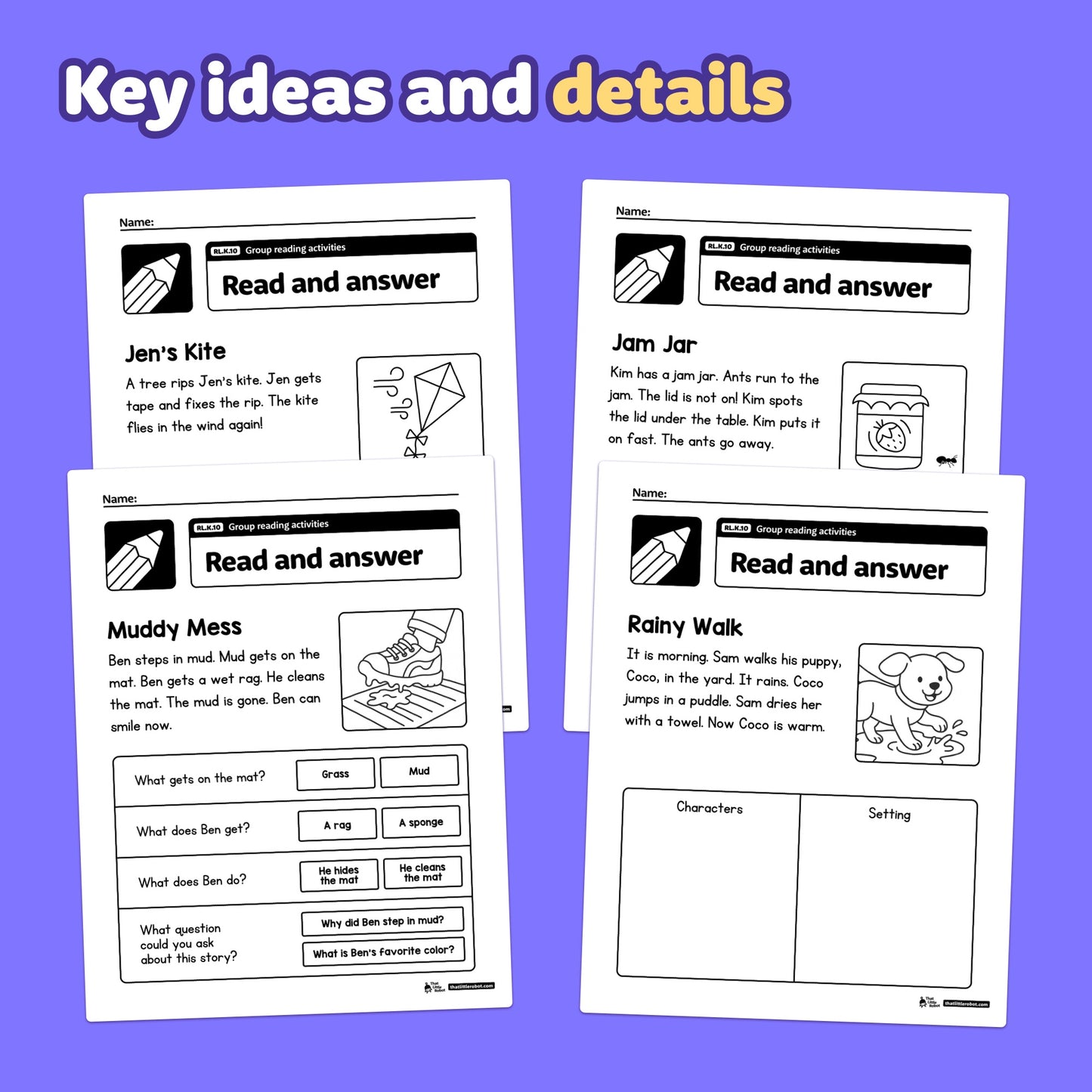 Kindergarten group reading worksheets and activities shown in printable PDF pages.