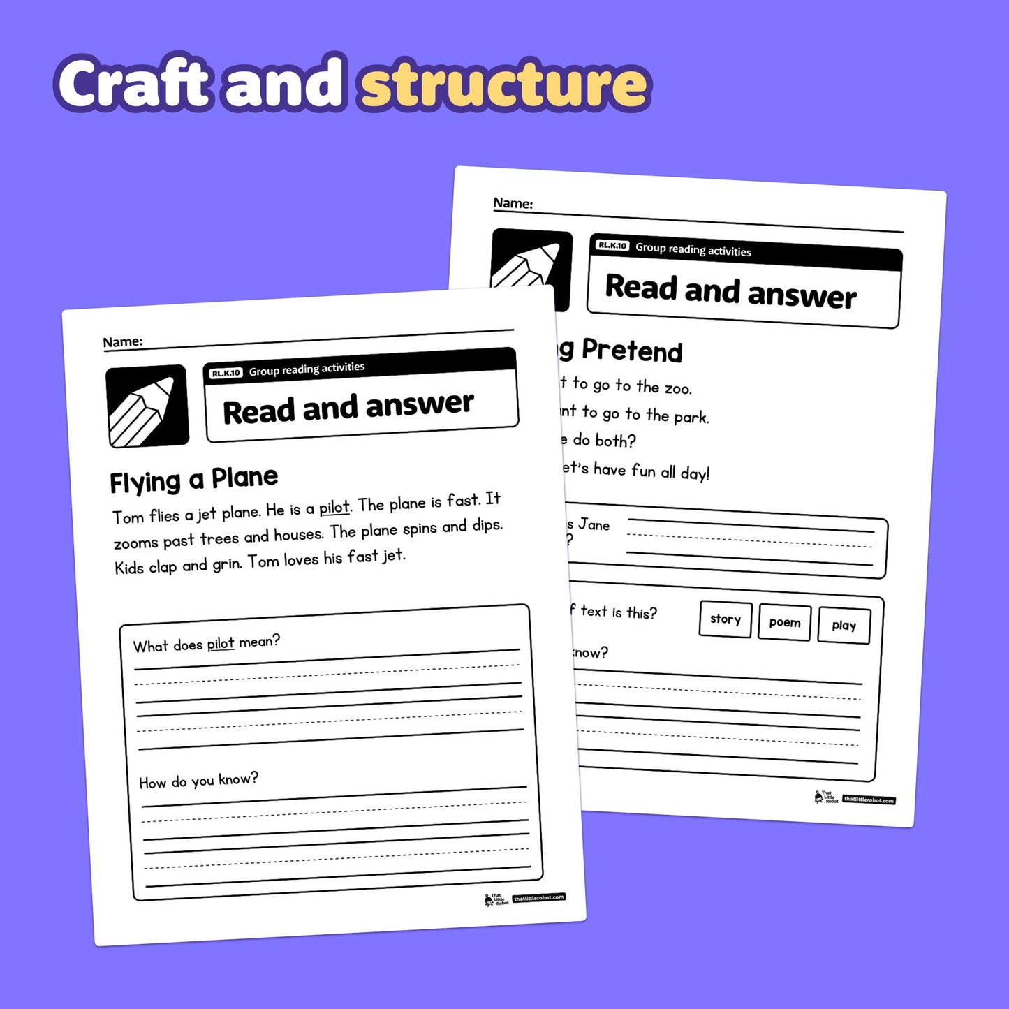 Printable kindergarten group reading activity worksheets with RL.K.10 label.
