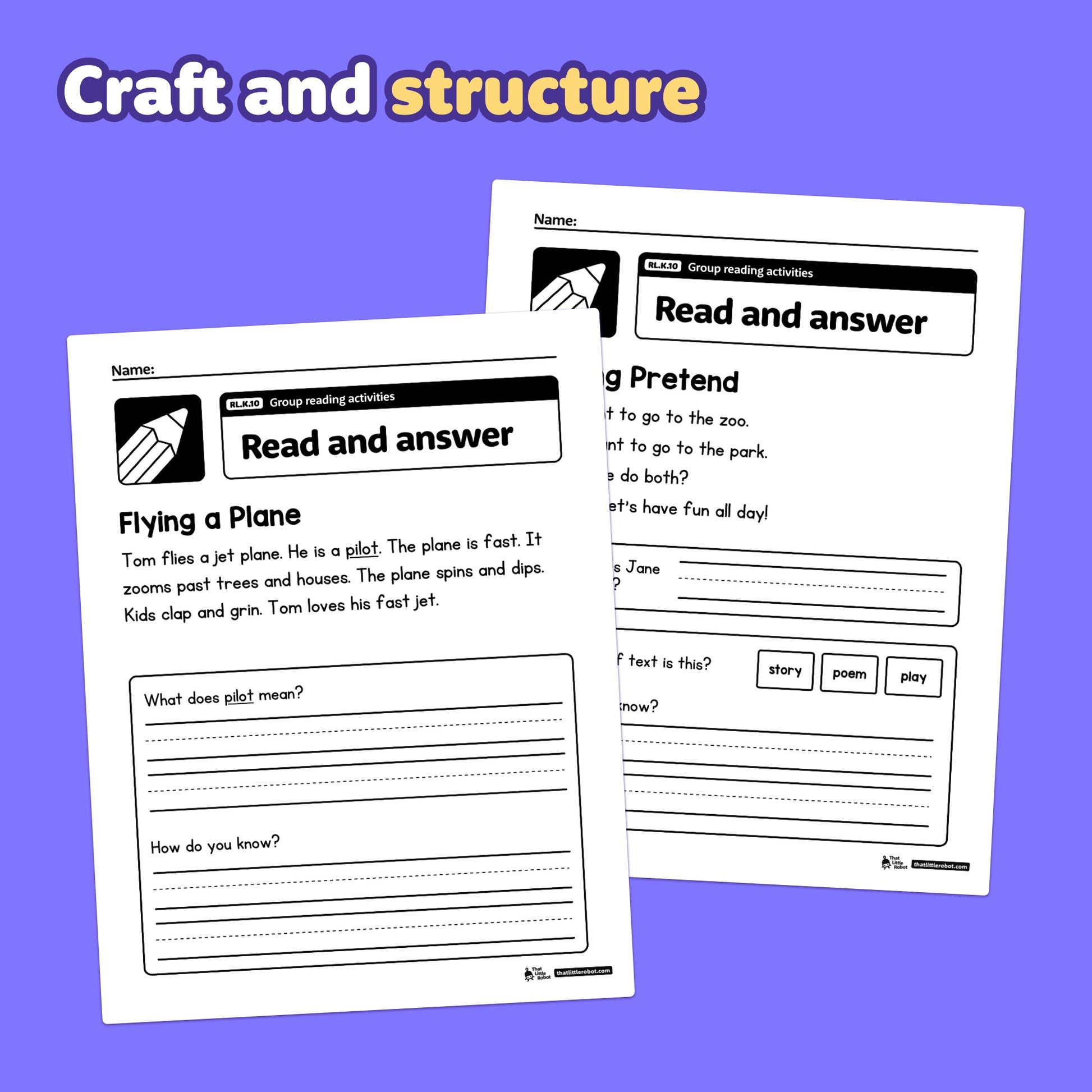 Printable kindergarten group reading activity worksheets with RL.K.10 label.