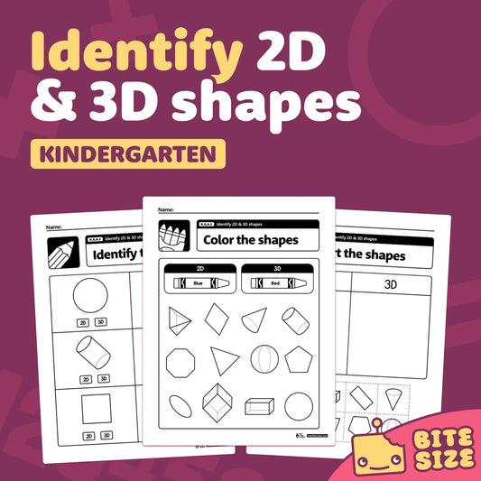 Worksheets for kindergarten on identifying 2D and 3D shapes.