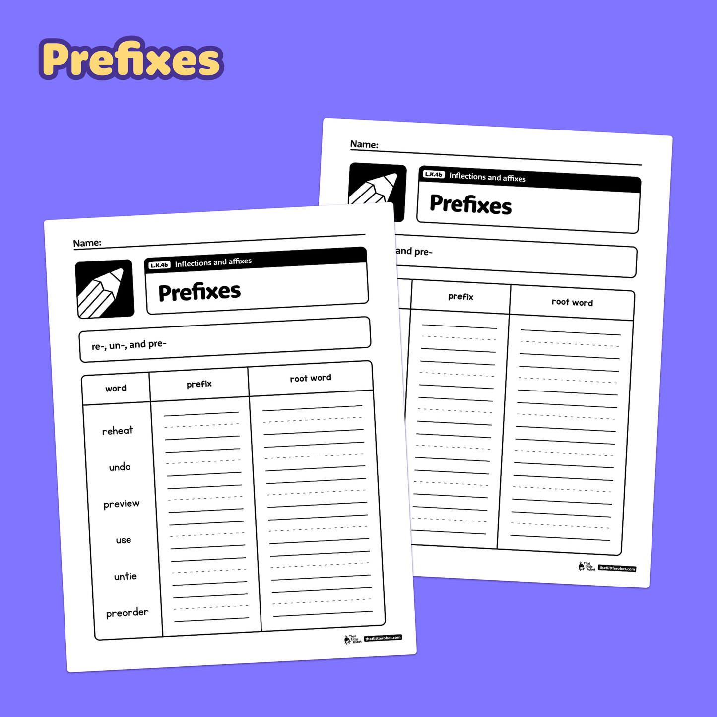 Worksheets with word lists and blank spaces for inflections and affixes practice.