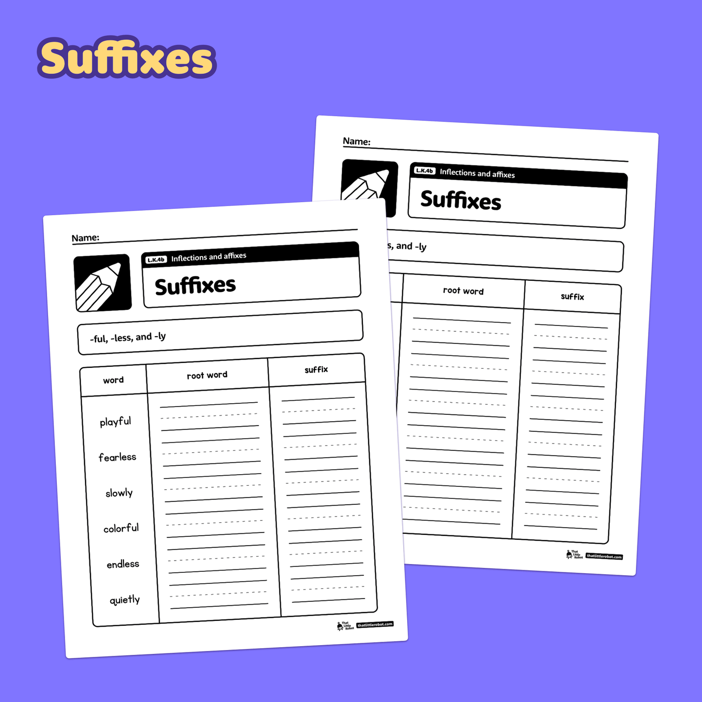 Printable PDF worksheets for kindergarten inflections and affixes.