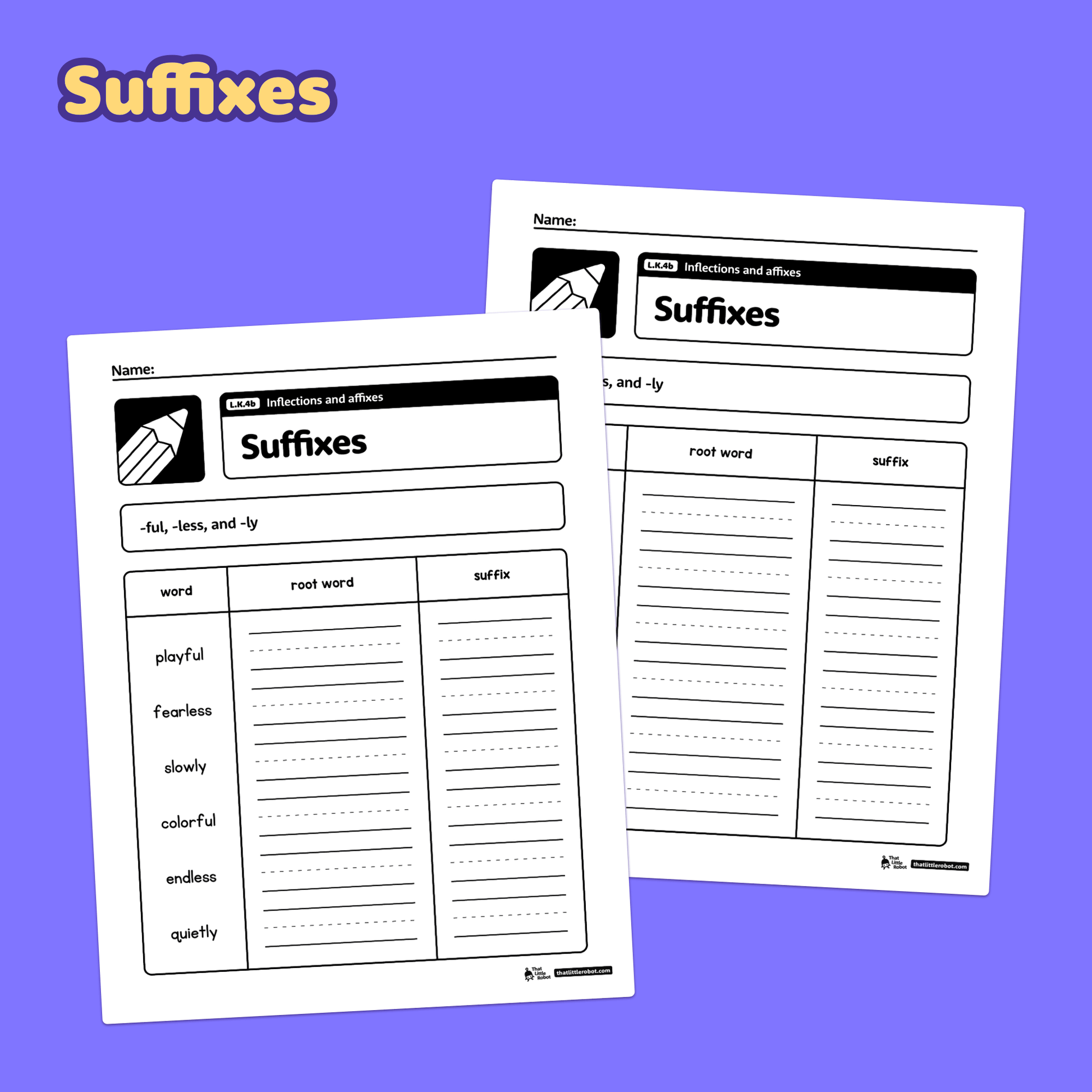 Printable PDF worksheets for kindergarten inflections and affixes.