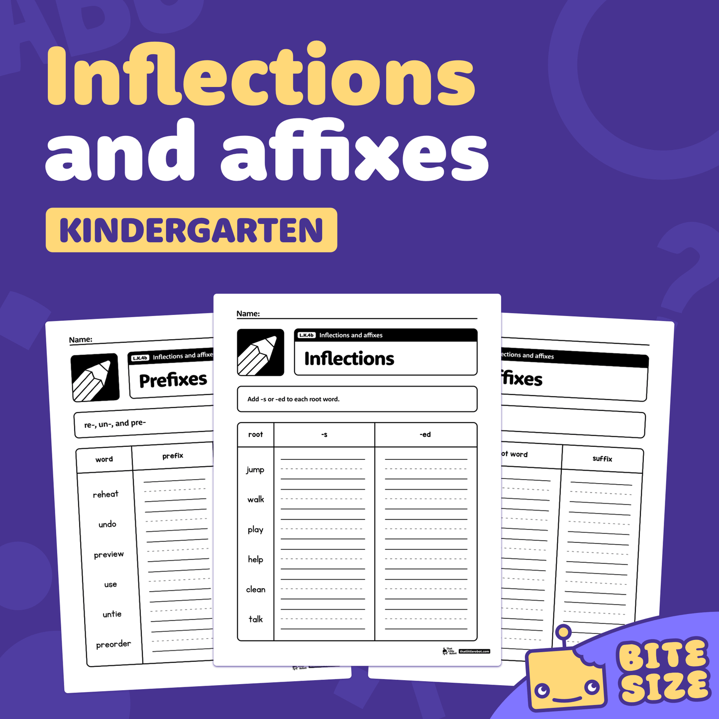PDF showing kindergarten worksheets focused on inflections and affixes.
