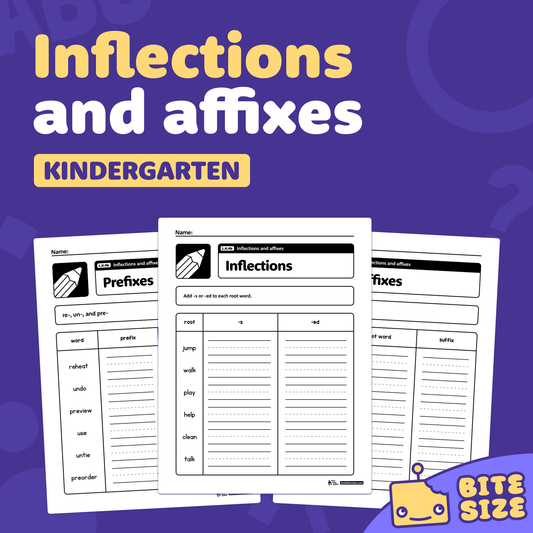PDF showing kindergarten worksheets focused on inflections and affixes.