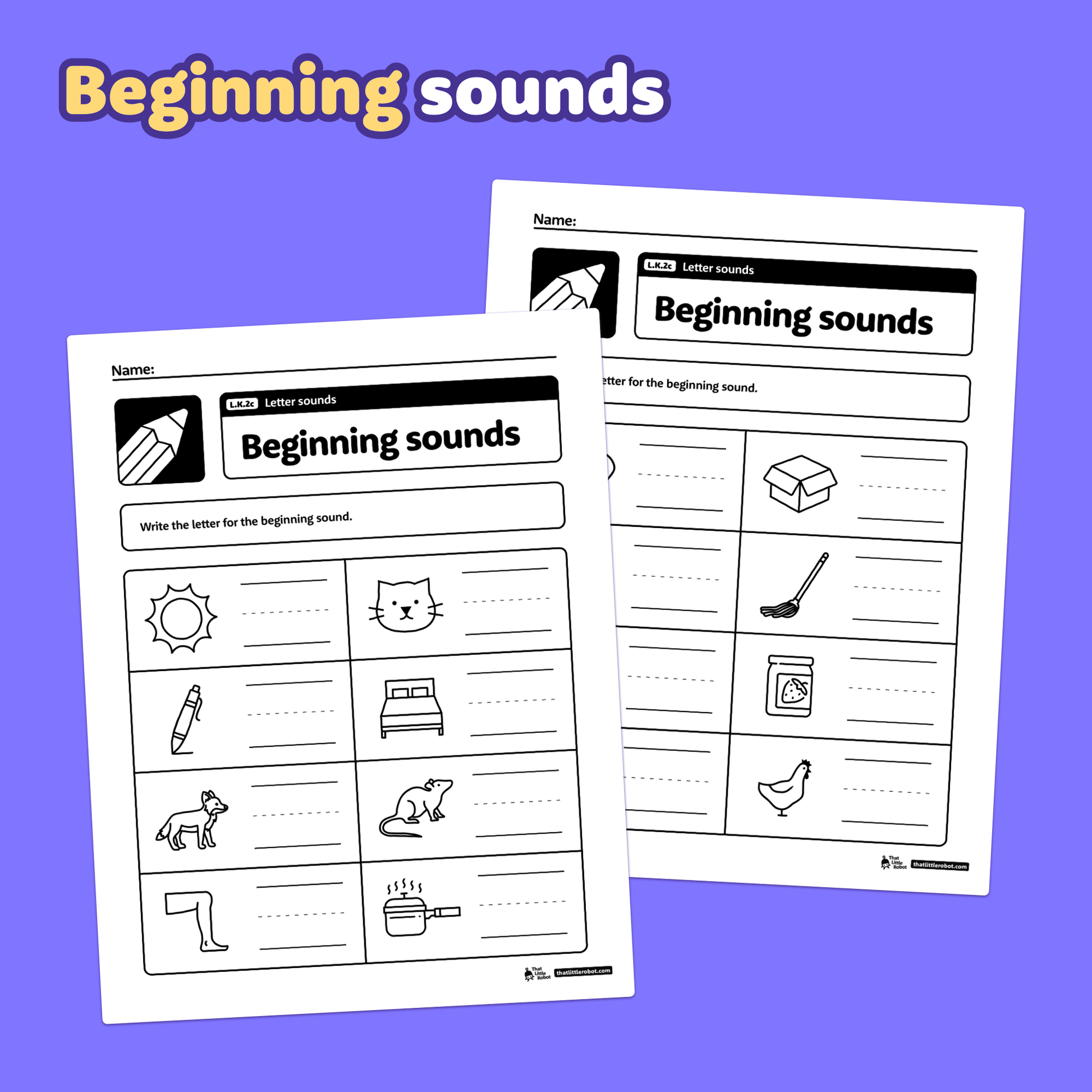 Two worksheets with images and blanks for identifying kindergarten letter sounds.