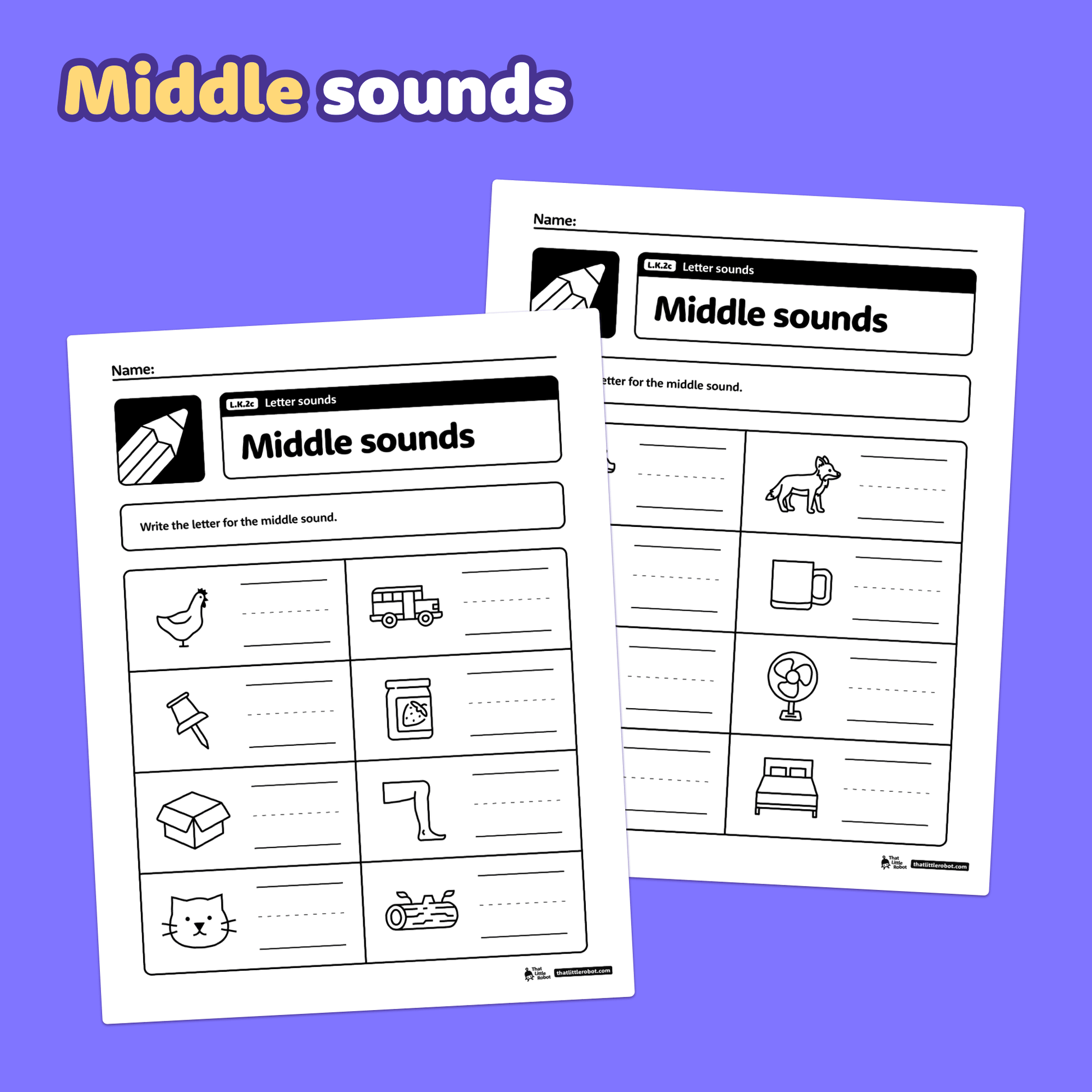 Worksheets with images and blank spaces for identifying letter sounds.