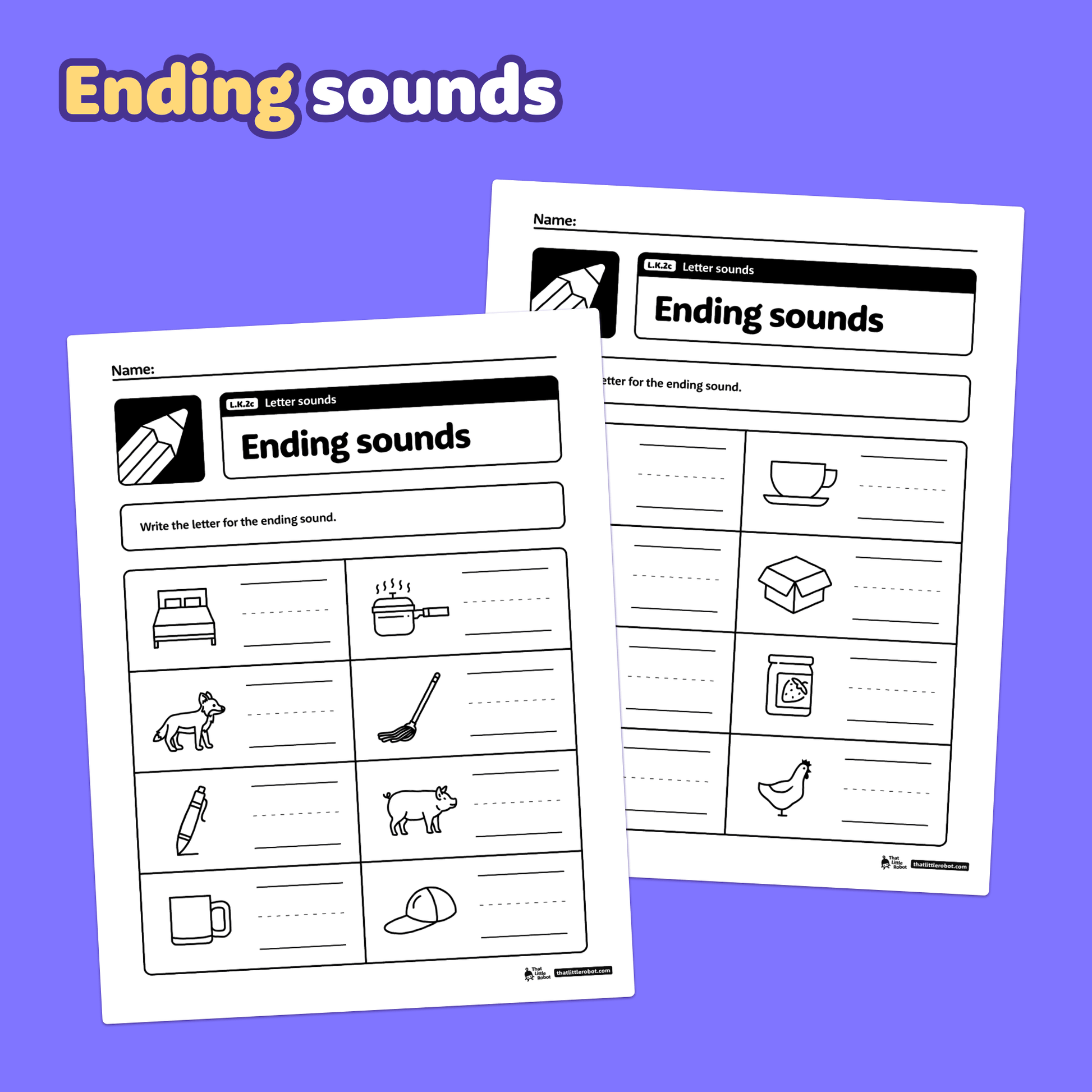 Two worksheets with letter sound exercises, images, and spaces for answers.