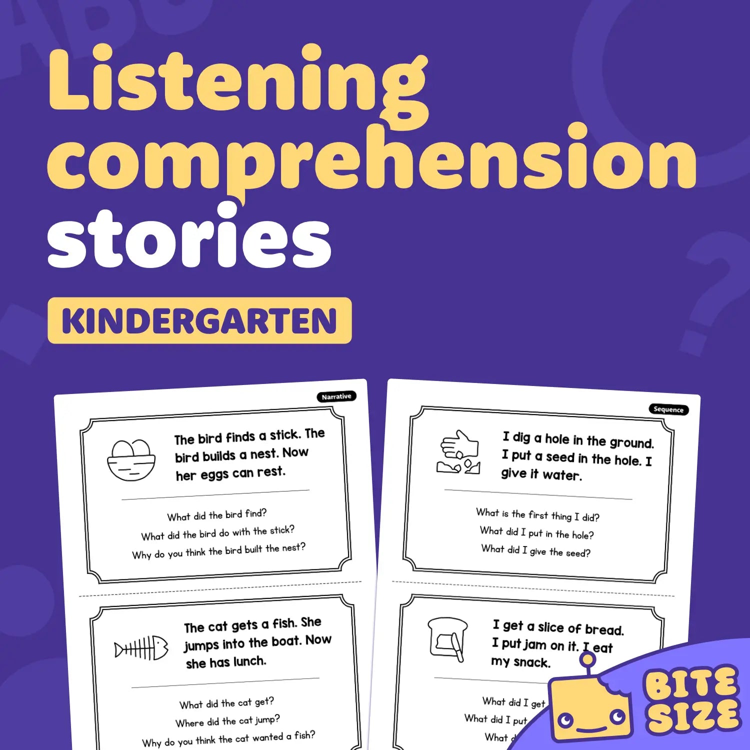 Worksheet pages display listening comprehension stories for kindergarten students.