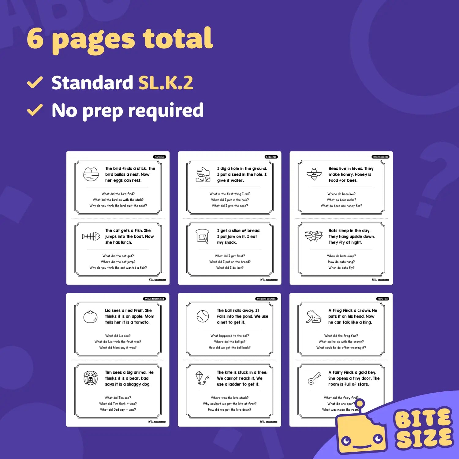 Six sample pages show illustrated listening comprehension worksheets for children.