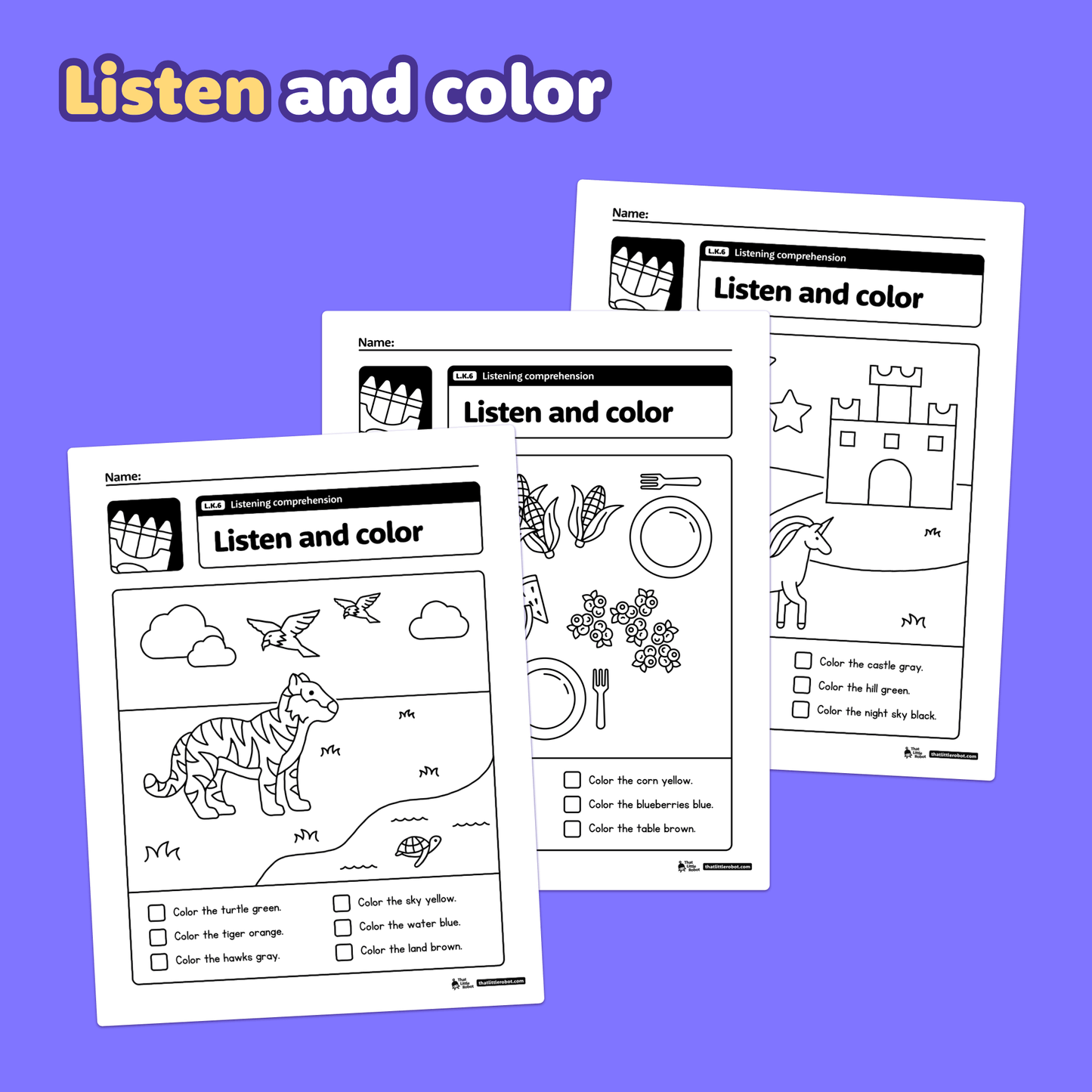 Printable kindergarten worksheets labeled L.K.6 for listening comprehension.