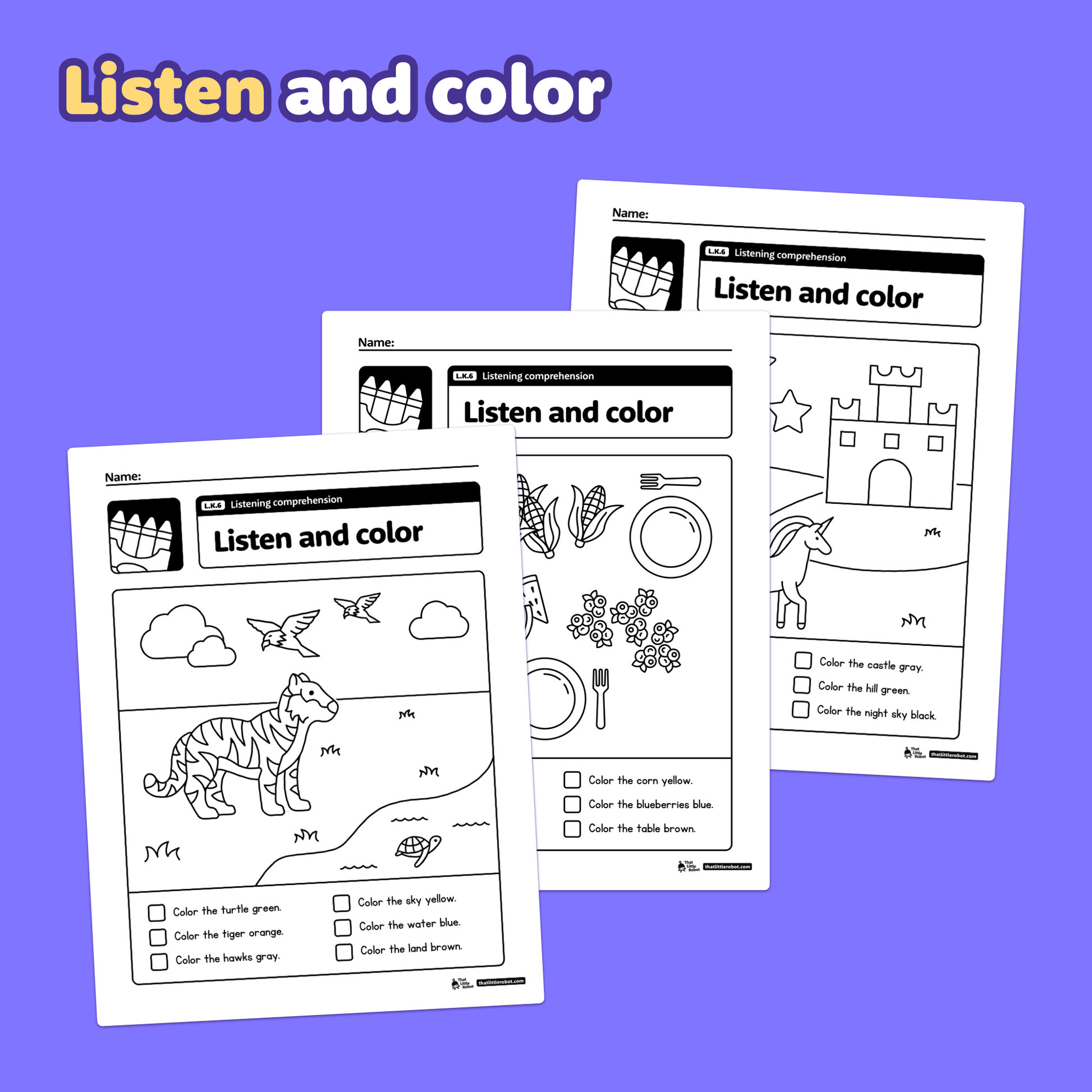 Printable kindergarten worksheets labeled L.K.6 for listening comprehension.