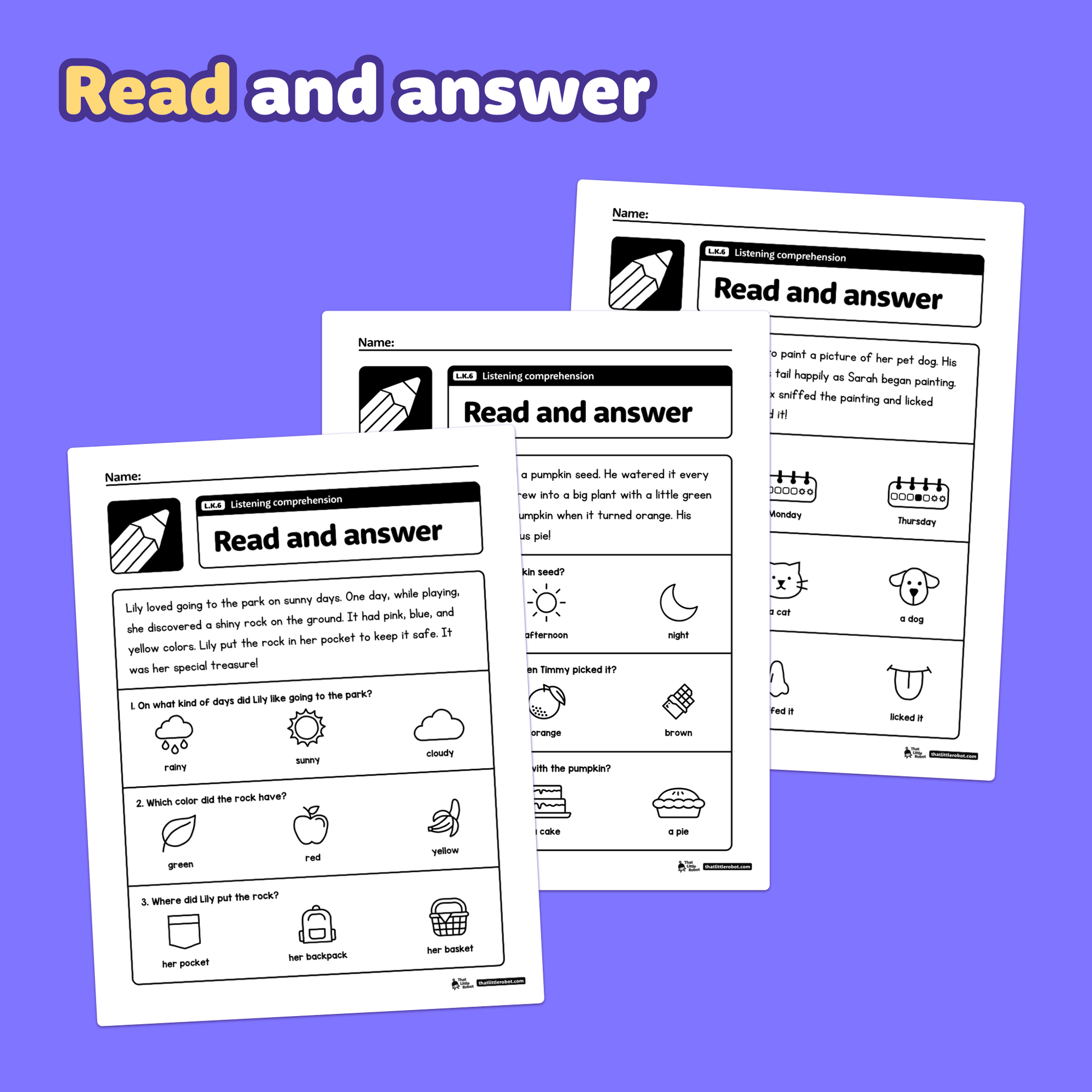 Three kindergarten listening comprehension worksheets labeled L.K.6 are shown.