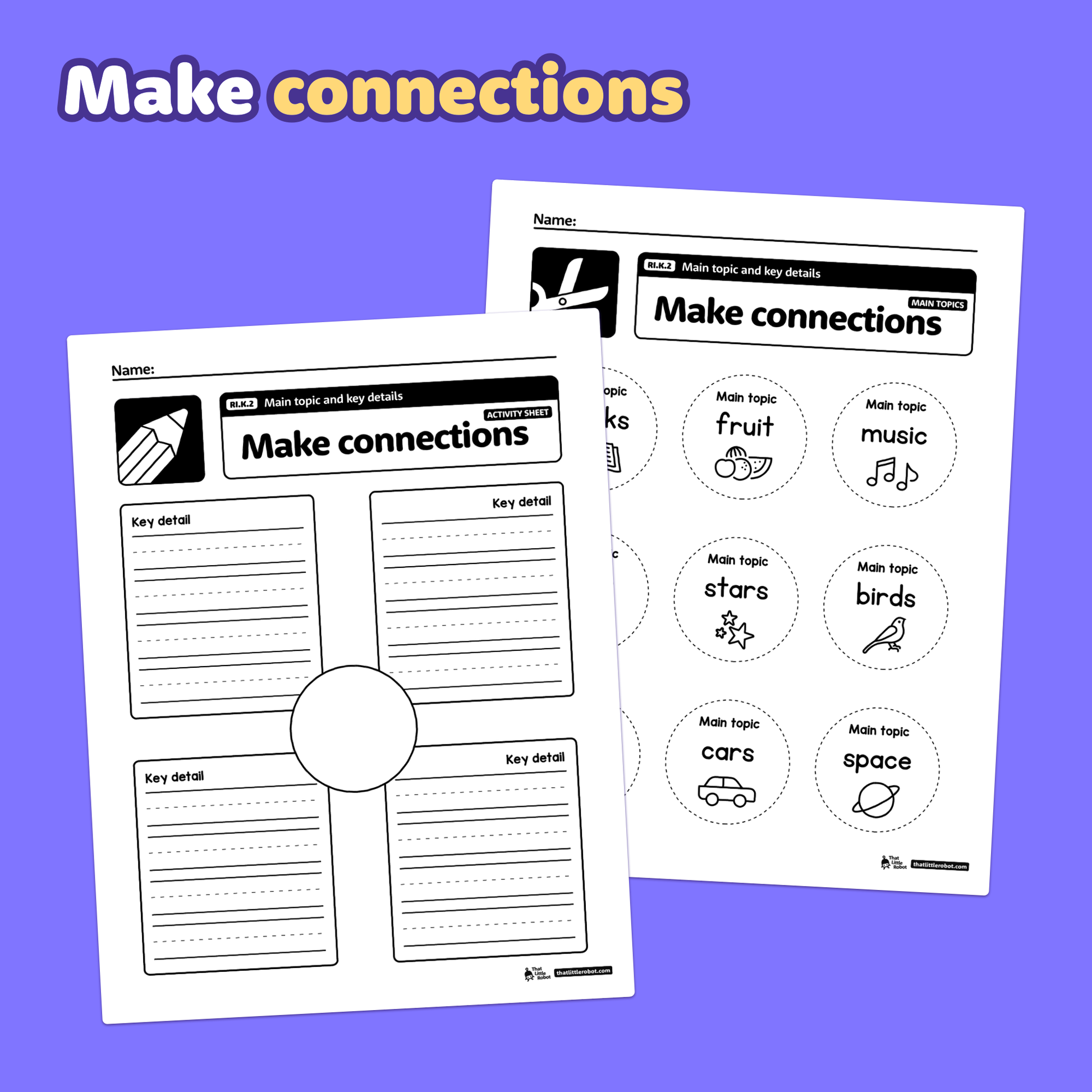 Two worksheets with sections for main topic and key details are shown.