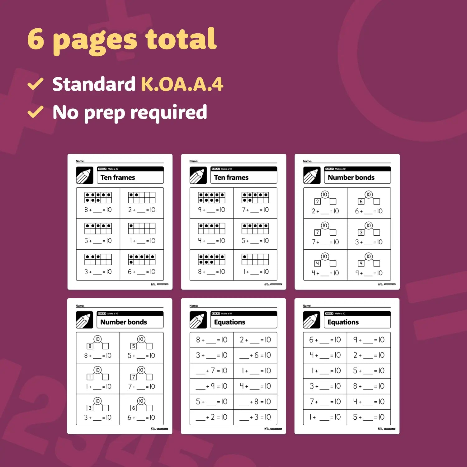 Make a Ten Worksheets K.OA.A.4 in PDF format