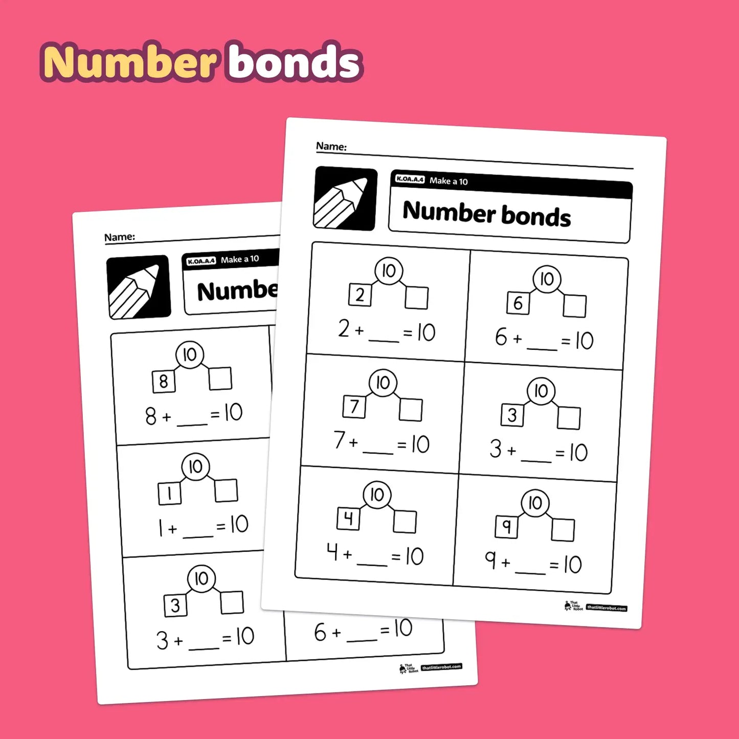 Worksheets with math problems on number bonds to make 10.