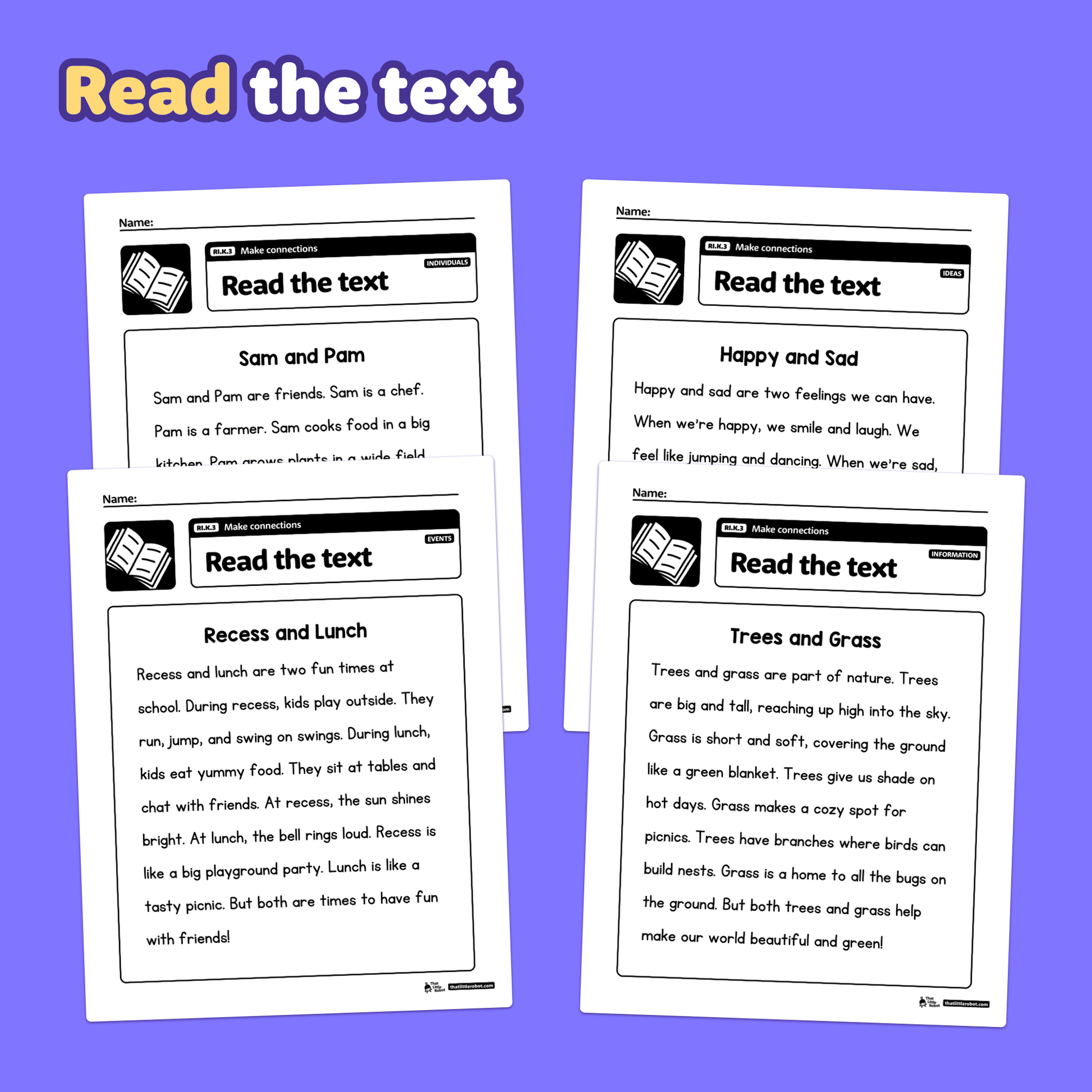 Four short reading passages with accompanying questions for kindergarten.