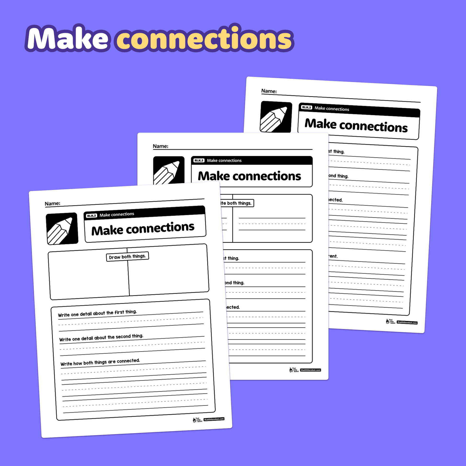 Printable kindergarten worksheets labeled "Make Connections" and "RI.K.3.