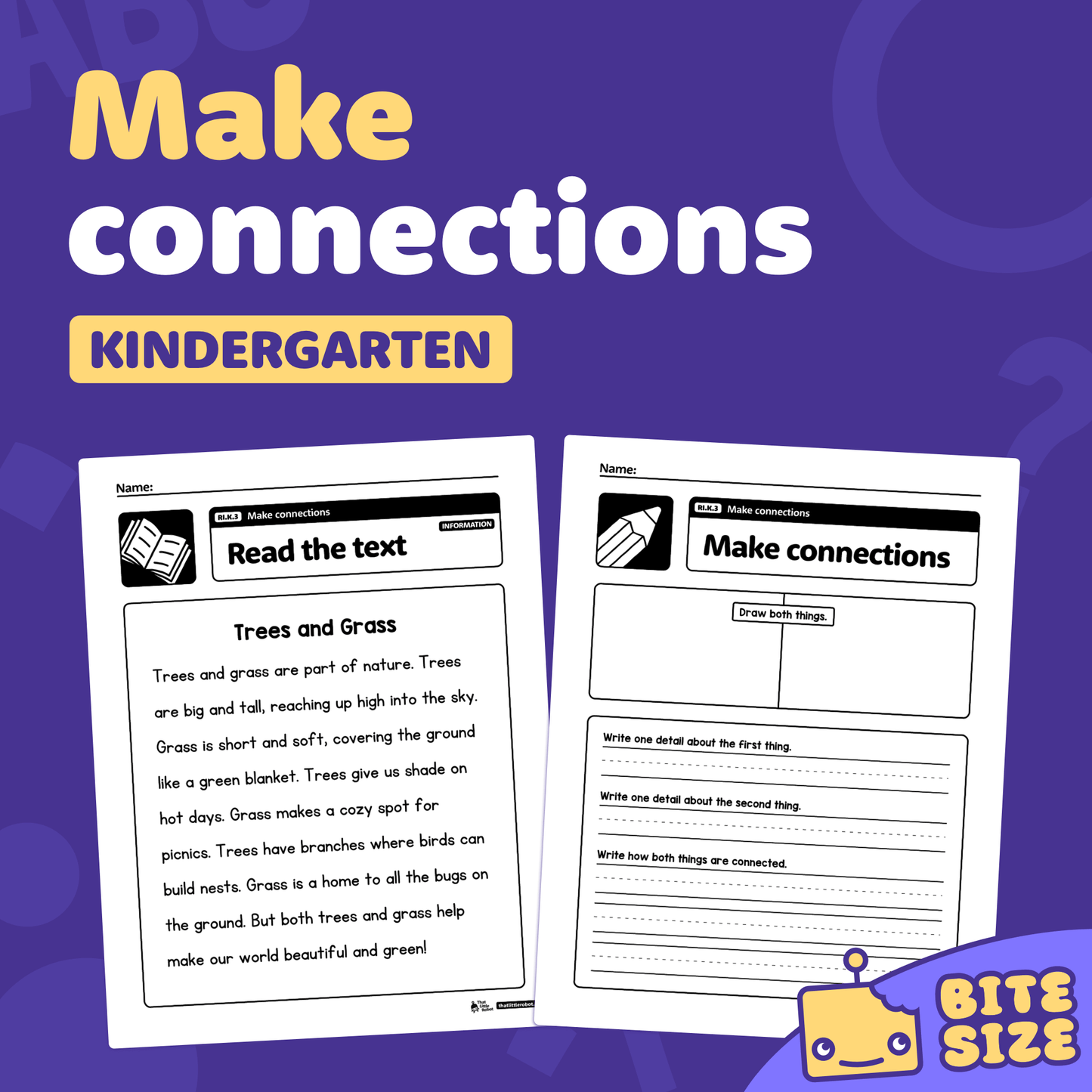 Two kindergarten worksheets with reading comprehension exercises and questions.