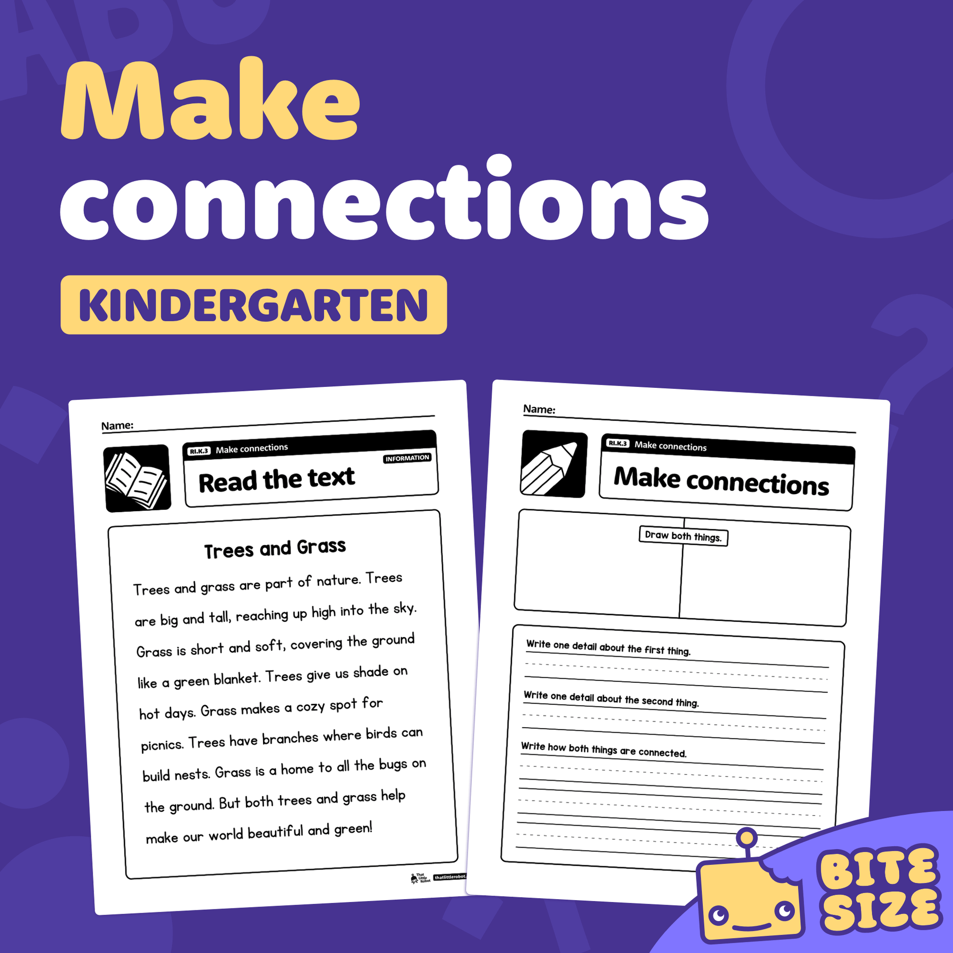Two kindergarten worksheets with reading comprehension exercises and questions.