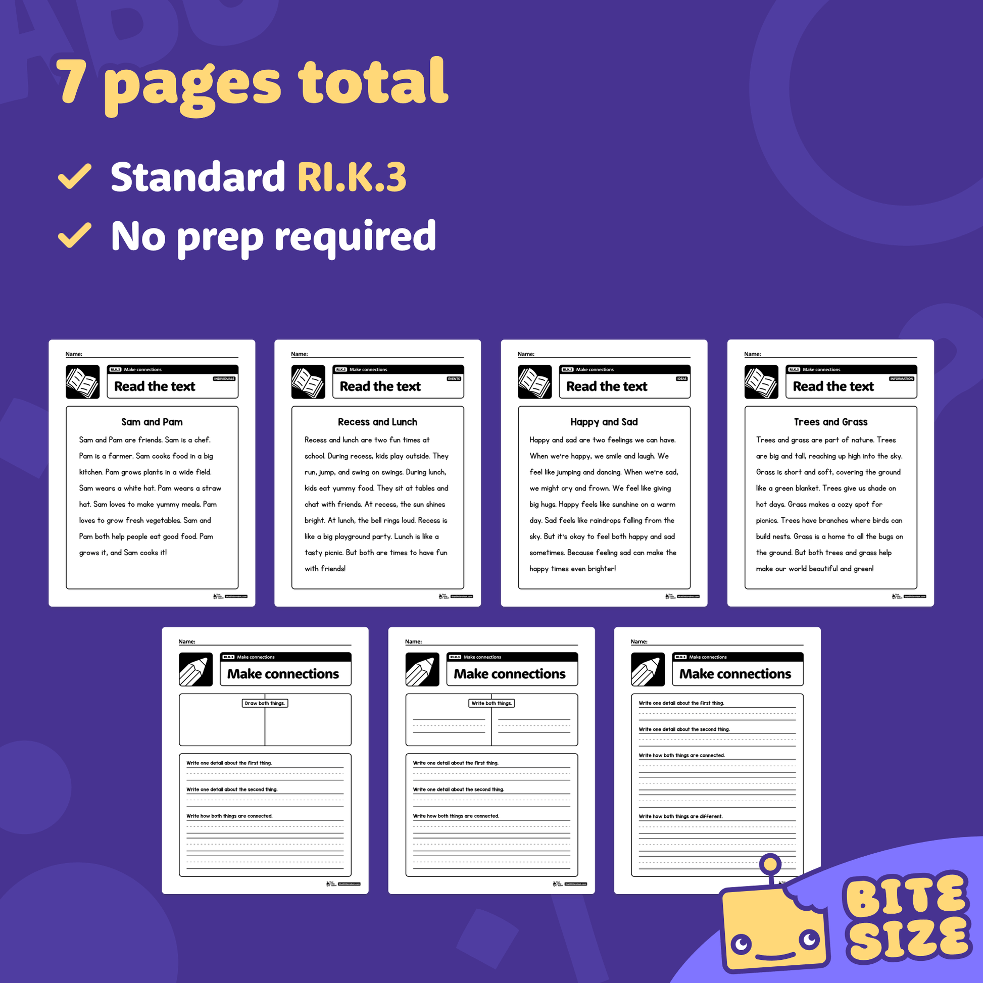 Preview showing seven kindergarten worksheets for making connections.